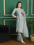 Jyoti Fashion Women's Turquoise Chinon Chiffon Floral Embroidery with Cording & Crystal Work Designer Straight Suit Set | Grocsy
