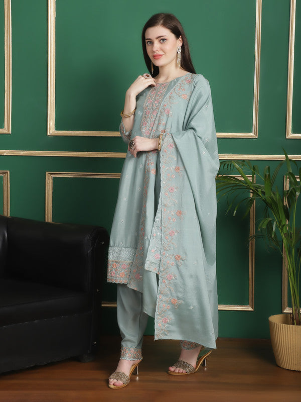 Jyoti Fashion Women's Turquoise Chinon Chiffon Floral Embroidery with Cording & Crystal Work Designer Straight Suit Set | Grocsy