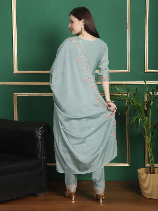 Jyoti Fashion Women's Turquoise Chinon Chiffon Floral Embroidery with Cording & Crystal Work Designer Straight Suit Set | Grocsy