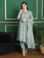 Jyoti Fashion Women's Turquoise Chinon Chiffon Floral Embroidery with Cording & Crystal Work Designer Straight Suit Set | Grocsy