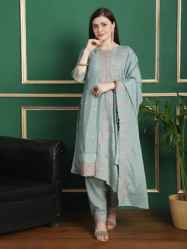 Jyoti Fashion Women's Turquoise Chinon Chiffon Floral Embroidery with Cording & Crystal Work Designer Straight Suit Set | Grocsy