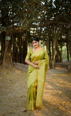 Jyoti Fashion Women's Mehendi Handloom Raw Silk Weaving Designer Saree with Blouse | Grocsy