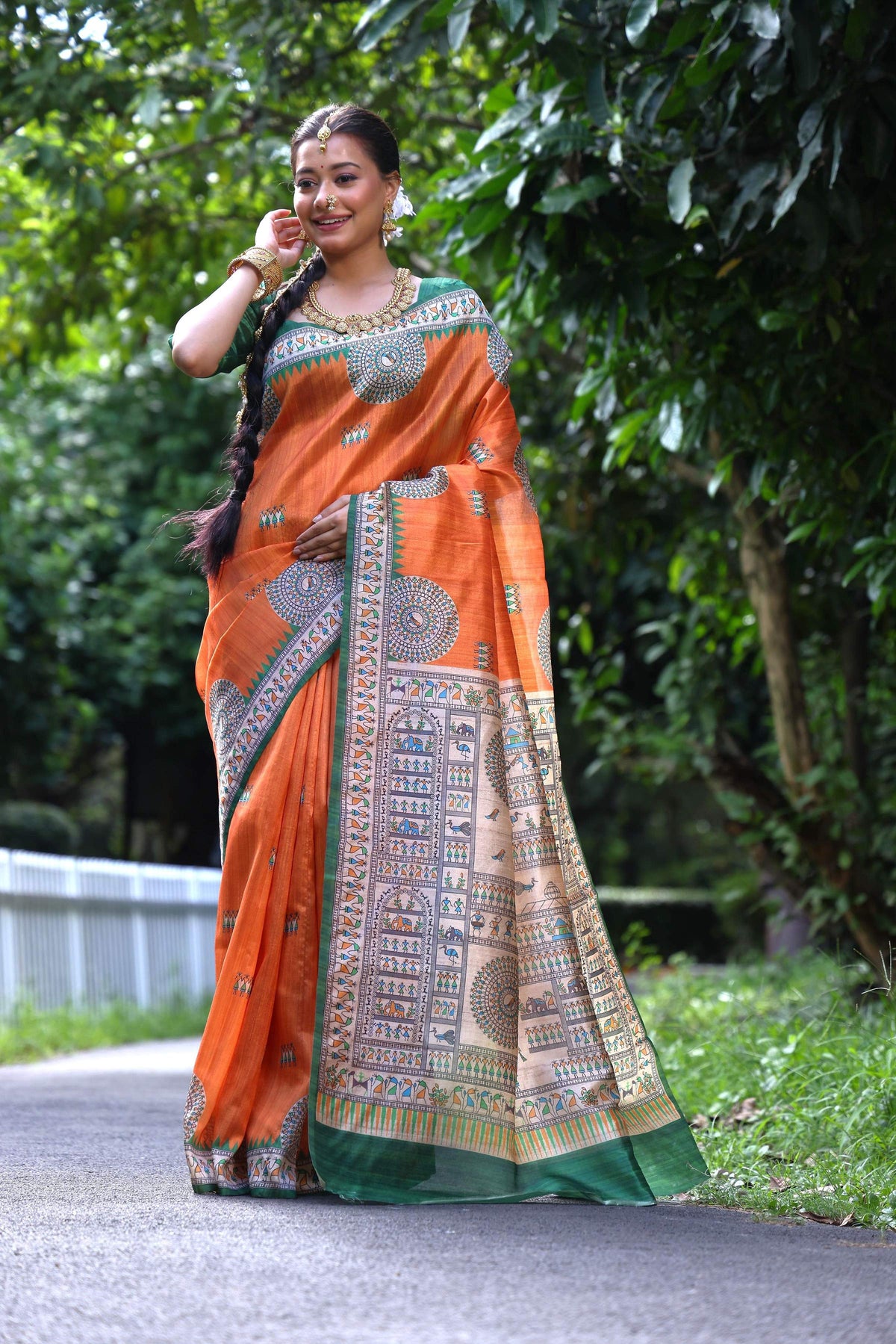 Jyoti Fashion Women's Orange Soft Tussar Silk Printed Designer Saree with Blouse | Grocsy
