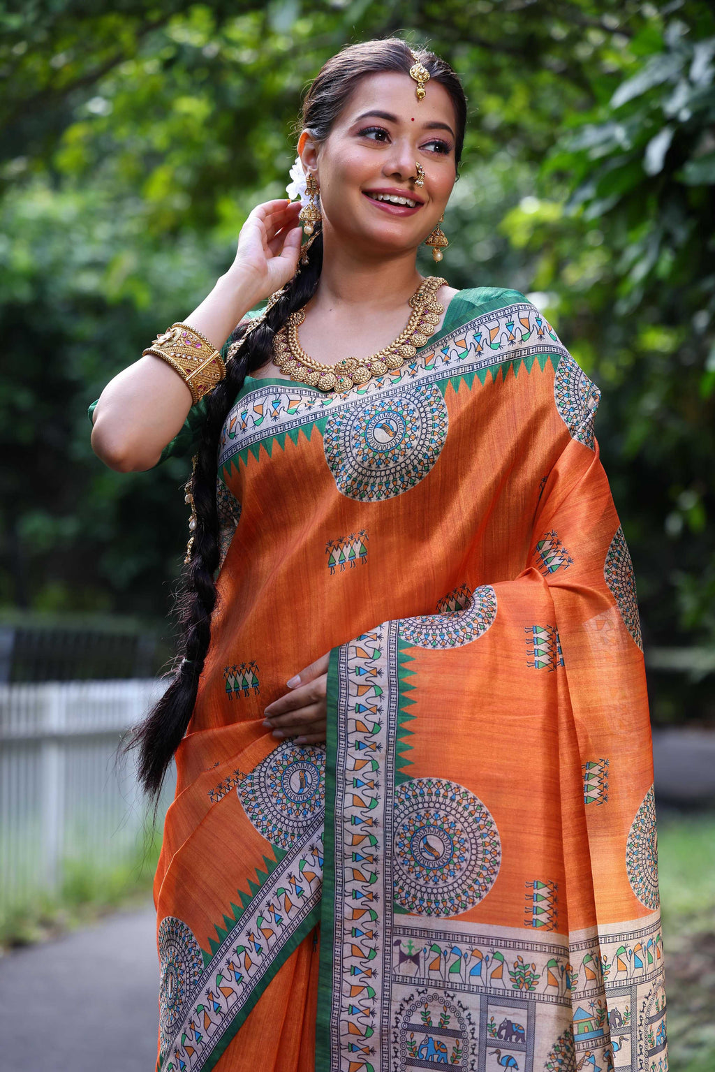 Jyoti Fashion Women's Orange Soft Tussar Silk Printed Designer Saree with Blouse | Grocsy