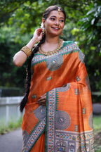 Jyoti Fashion Women's Orange Soft Tussar Silk Printed Designer Saree with Blouse | Grocsy