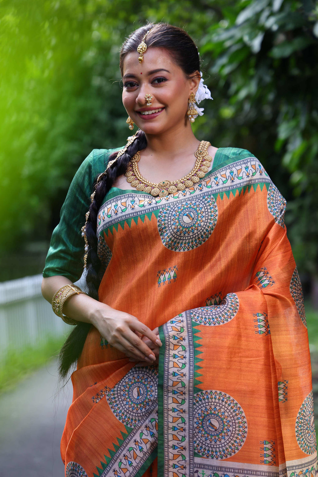 Jyoti Fashion Women's Orange Soft Tussar Silk Printed Designer Saree with Blouse | Grocsy