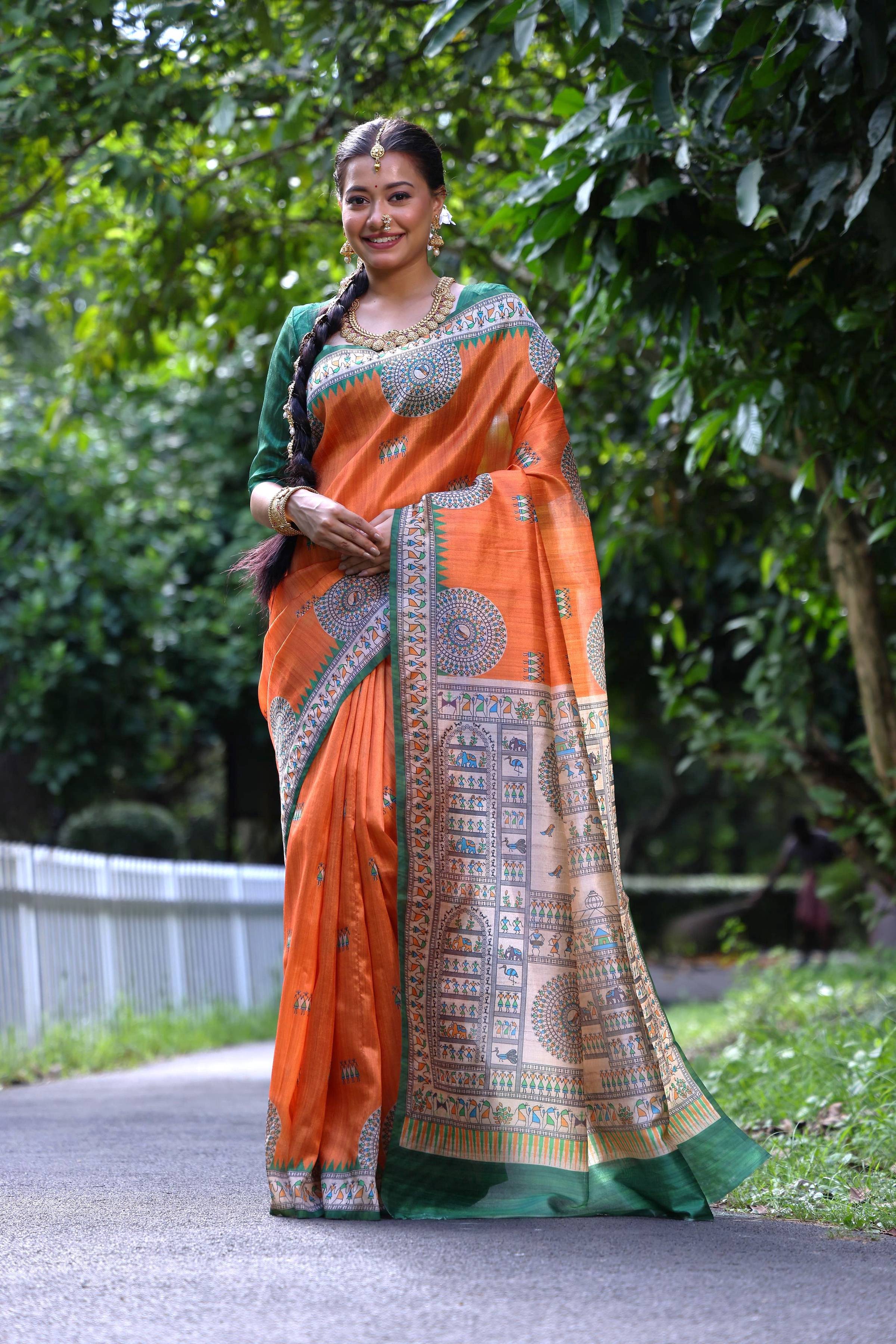 Jyoti Fashion Women's Orange Soft Tussar Silk Printed Designer Saree with Blouse | Grocsy
