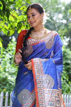Jyoti Fashion Women's Blue Soft Tussar Silk Printed Designer Saree with Blouse | Grocsy