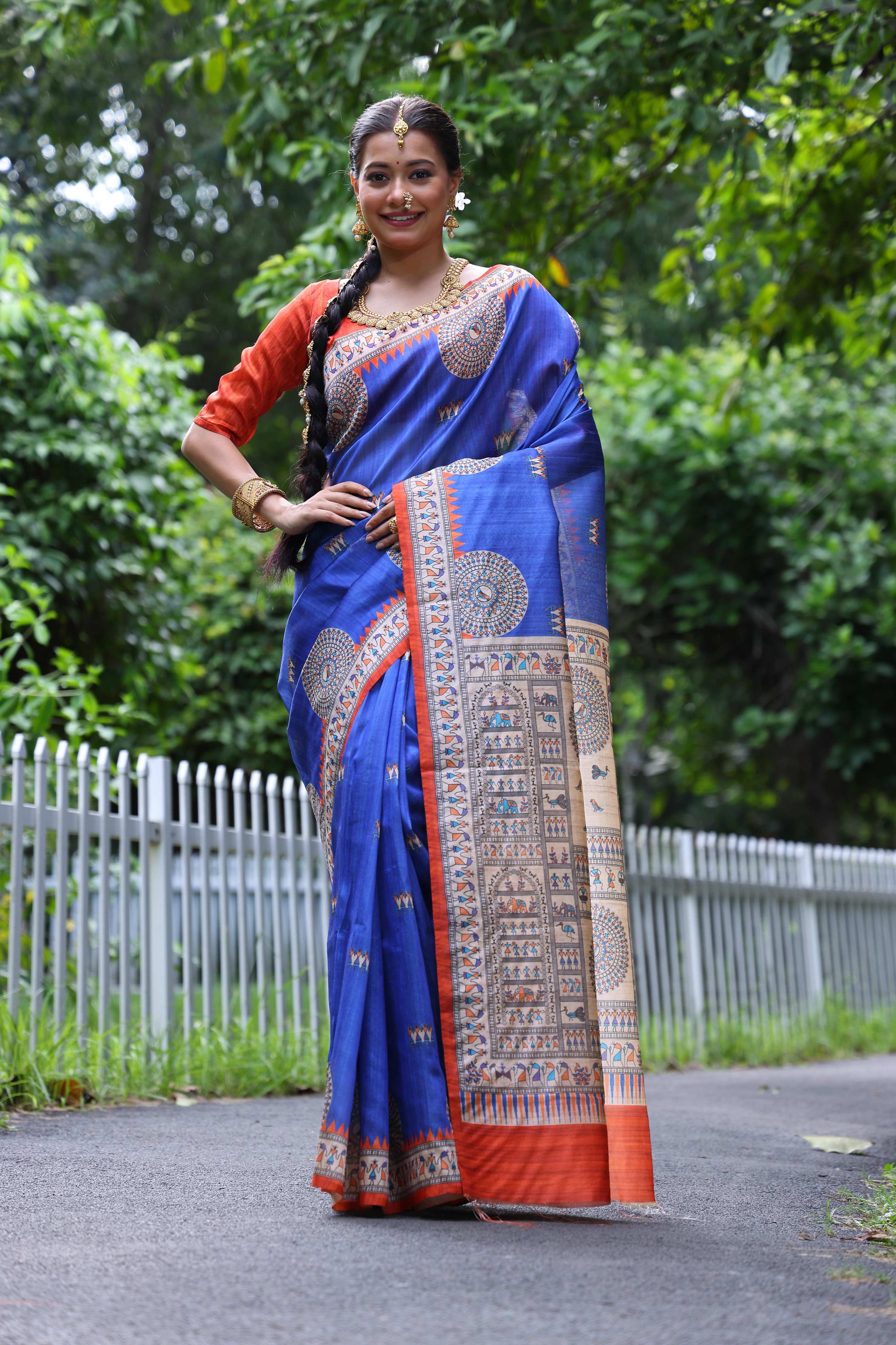 Jyoti Fashion Women's Blue Soft Tussar Silk Printed Designer Saree with Blouse | Grocsy