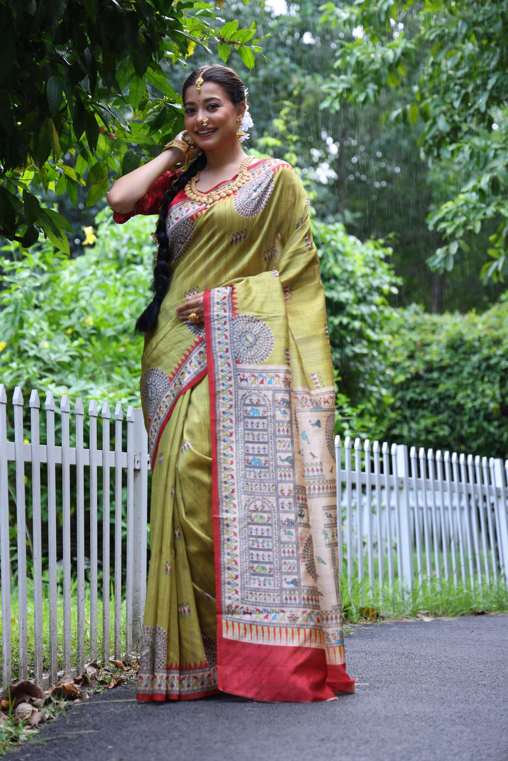 Jyoti Fashion Women's Green Soft Tussar Silk Printed Designer Saree with Blouse | Grocsy