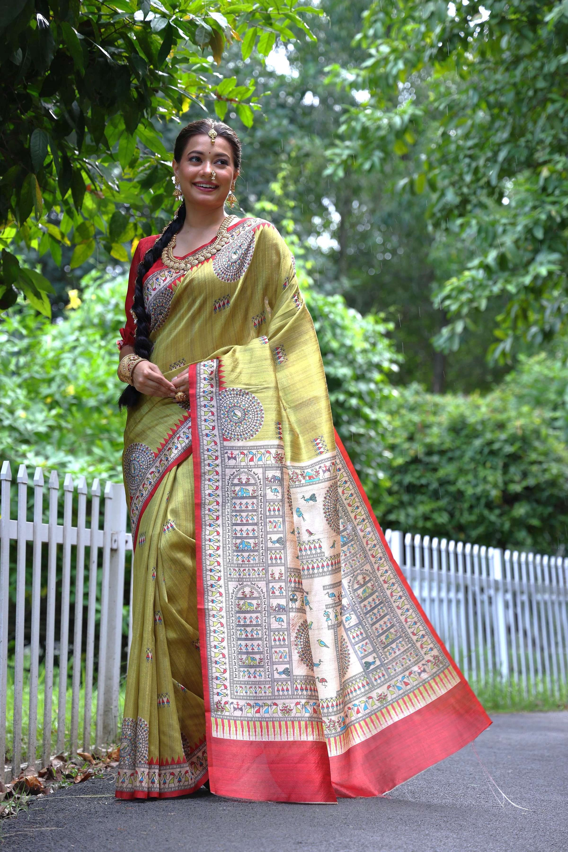 Jyoti Fashion Women's Green Soft Tussar Silk Printed Designer Saree with Blouse | Grocsy