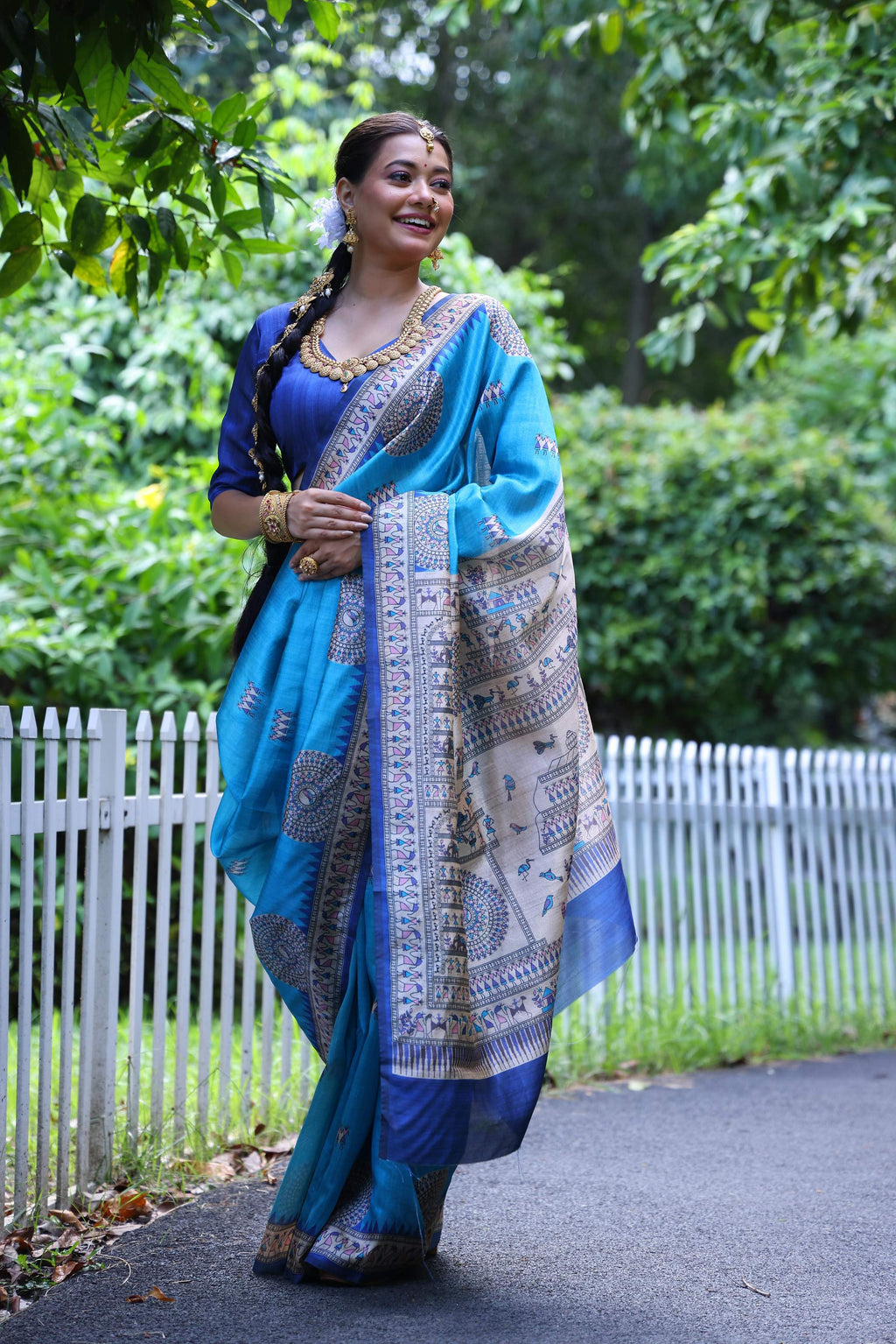 Jyoti Fashion Women's Firozi Soft Tussar Silk Printed Designer Saree with Blouse | Grocsy