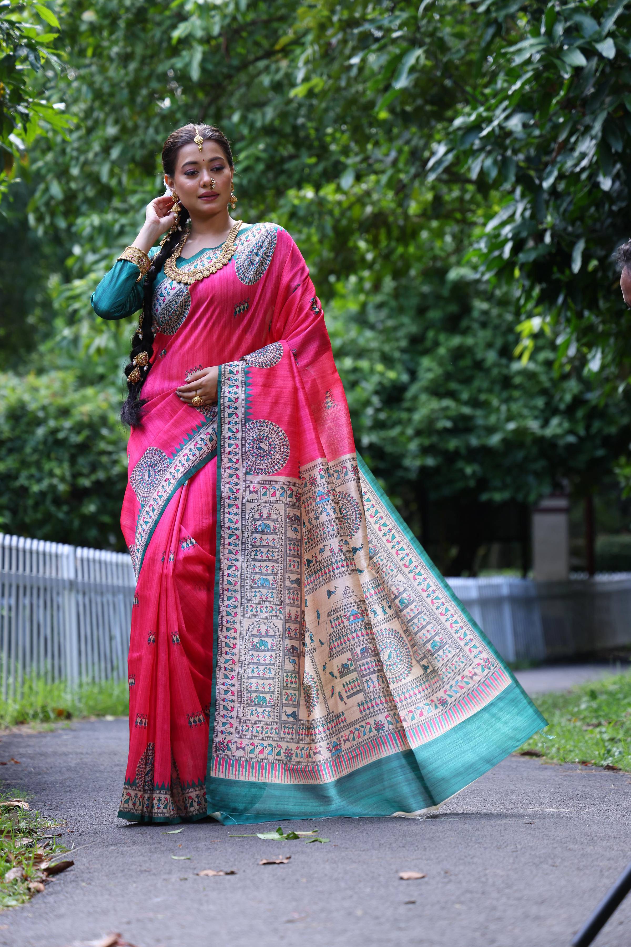 Jyoti Fashion Women's Pink Soft Tussar Silk Printed Designer Saree with Blouse | Grocsy