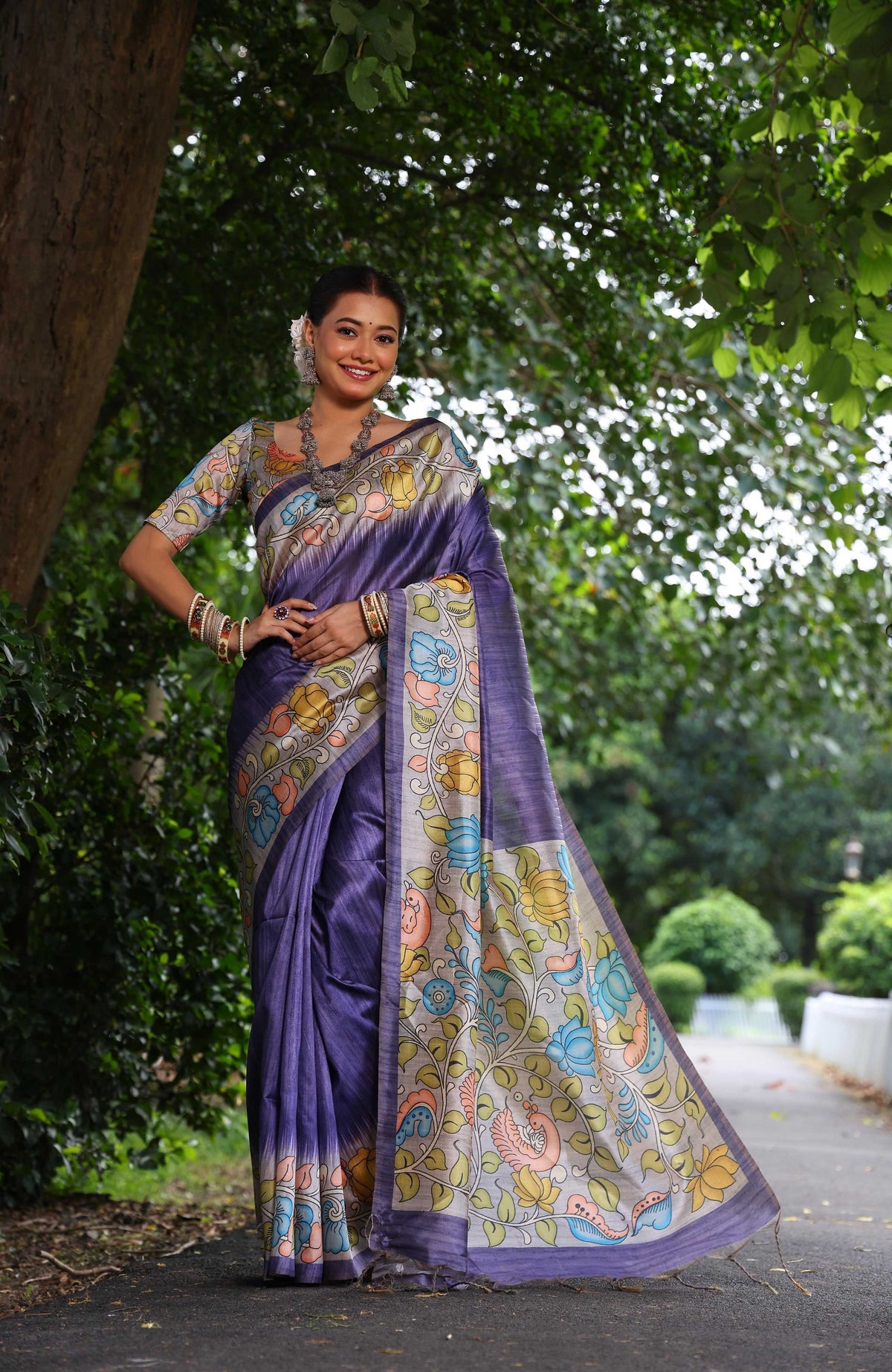 Jyoti Fashion Women's Purple Soft Tussar Silk Kalamkari Printed Designer Saree with Blouse | Grocsy