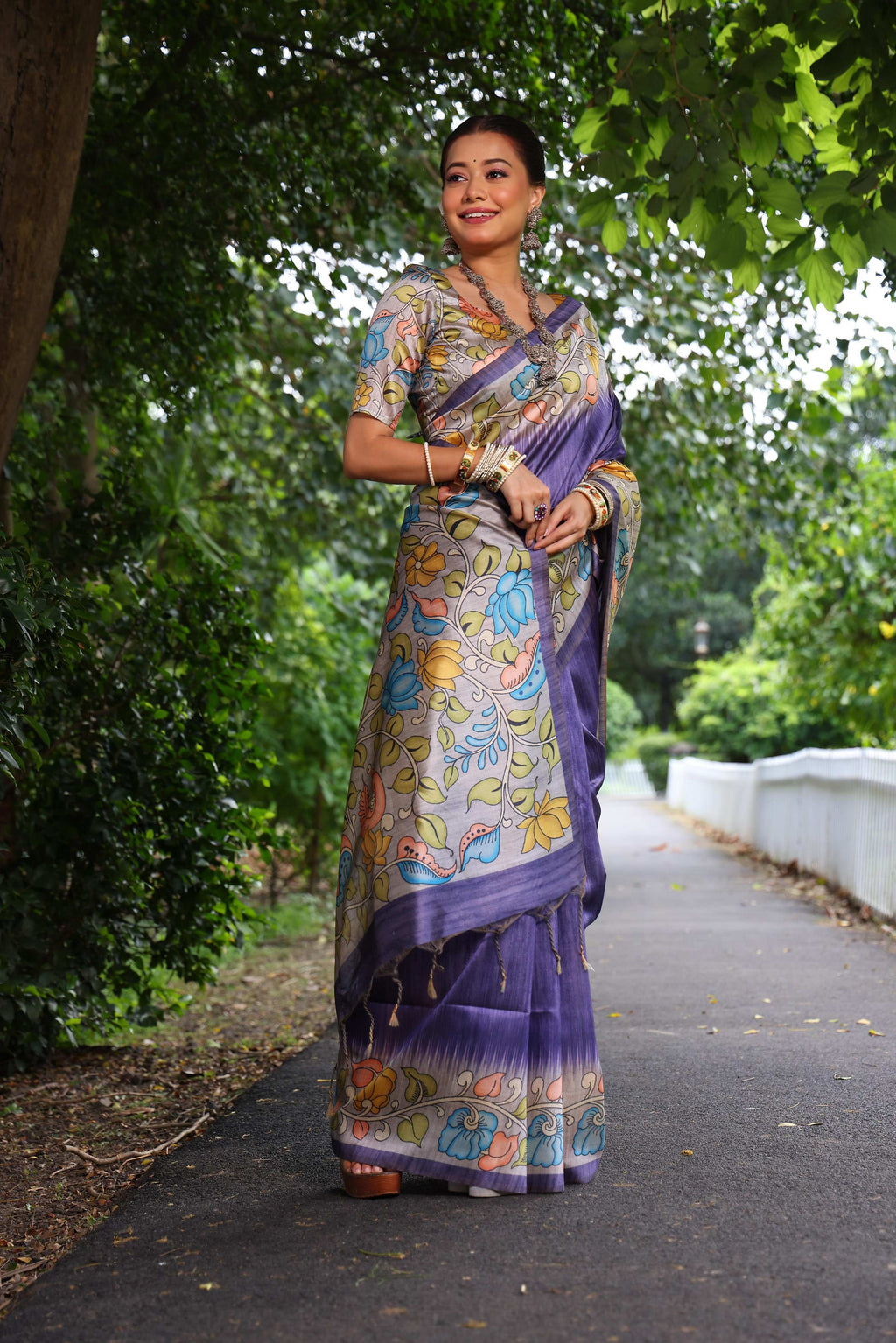 Jyoti Fashion Women's Purple Soft Tussar Silk Kalamkari Printed Designer Saree with Blouse | Grocsy