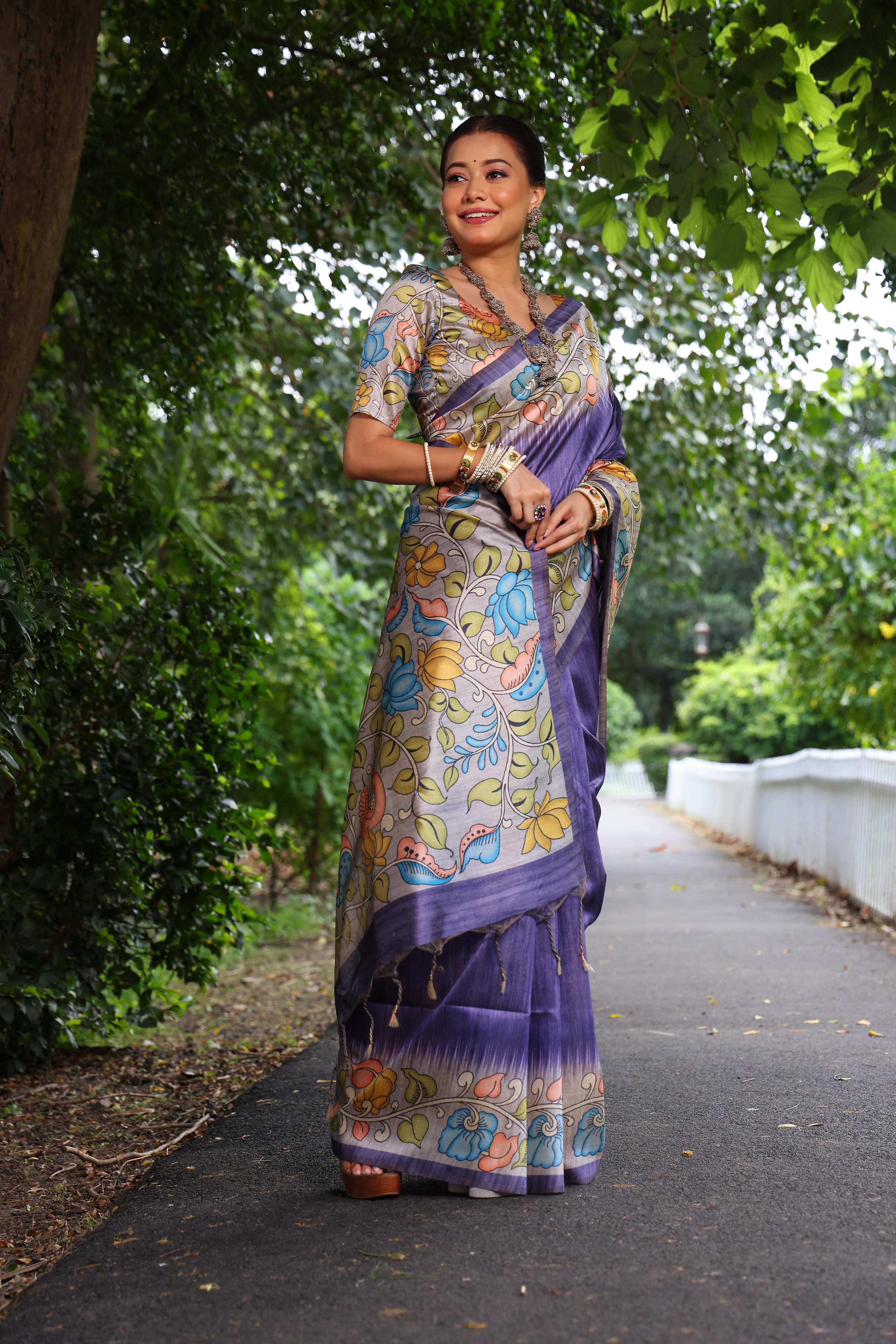 Jyoti Fashion Women's Purple Soft Tussar Silk Kalamkari Printed Designer Saree with Blouse | Grocsy