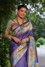 Jyoti Fashion Women's Purple Soft Tussar Silk Kalamkari Printed Designer Saree with Blouse | Grocsy