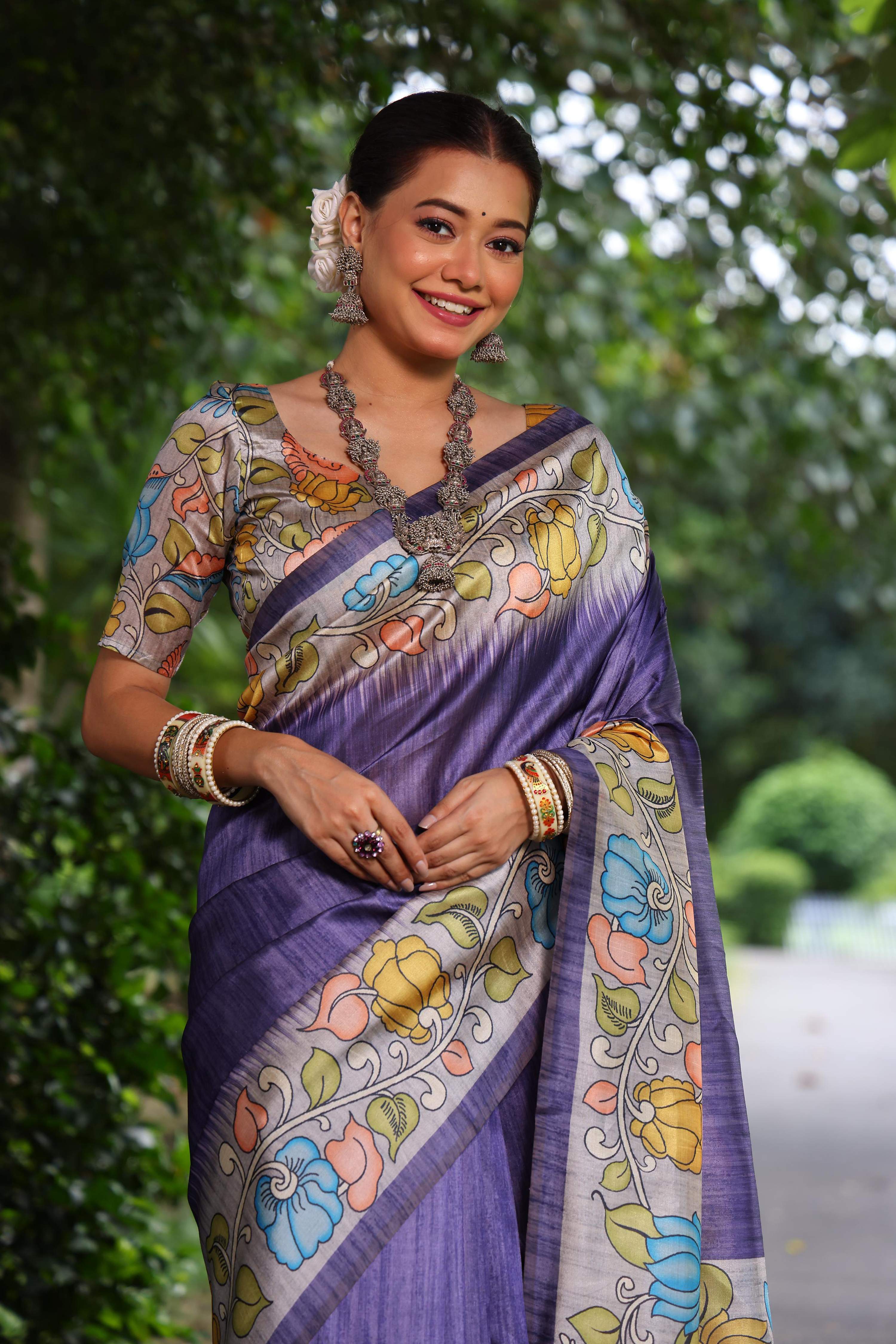 Jyoti Fashion Women's Purple Soft Tussar Silk Kalamkari Printed Designer Saree with Blouse | Grocsy