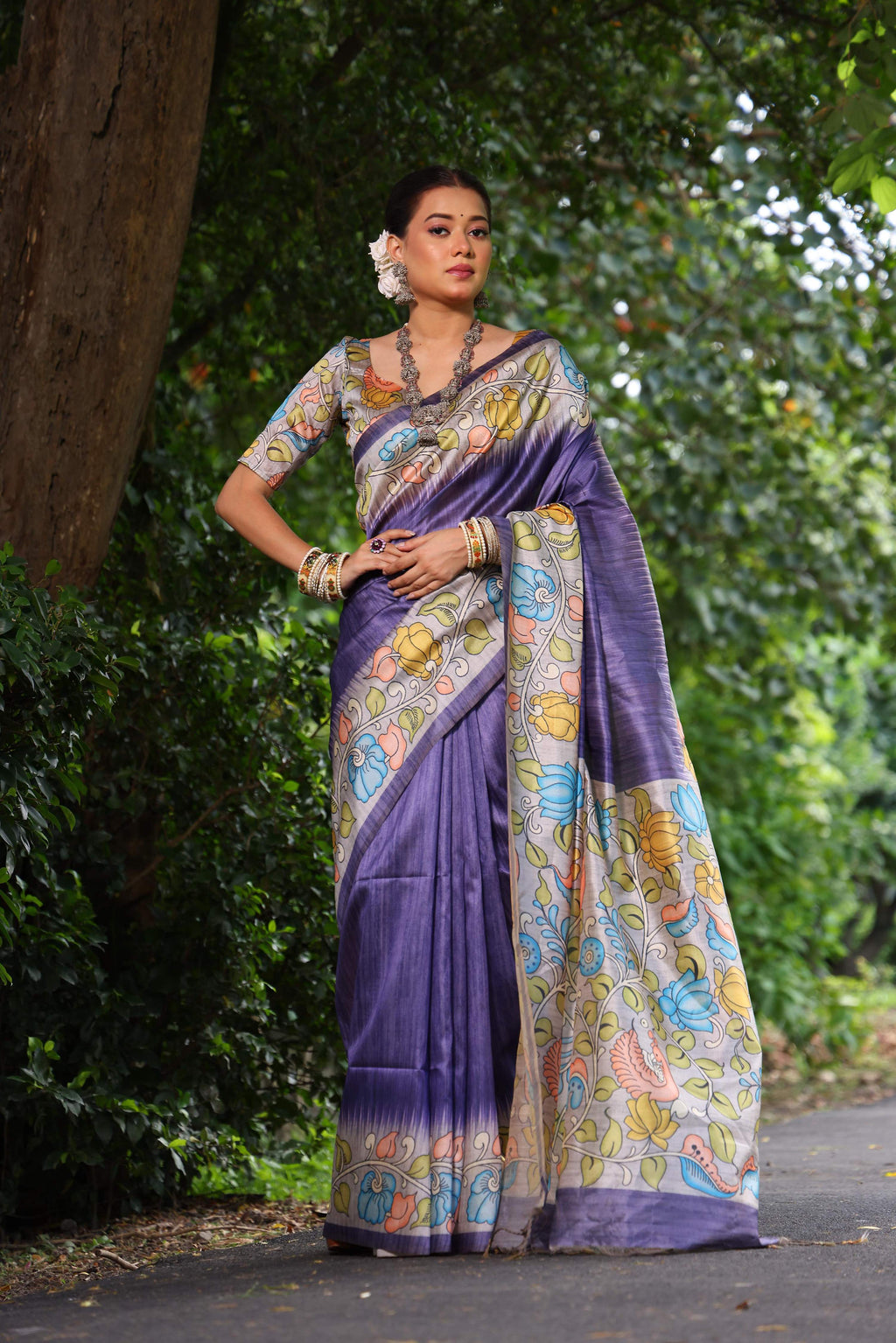 Jyoti Fashion Women's Purple Soft Tussar Silk Kalamkari Printed Designer Saree with Blouse | Grocsy
