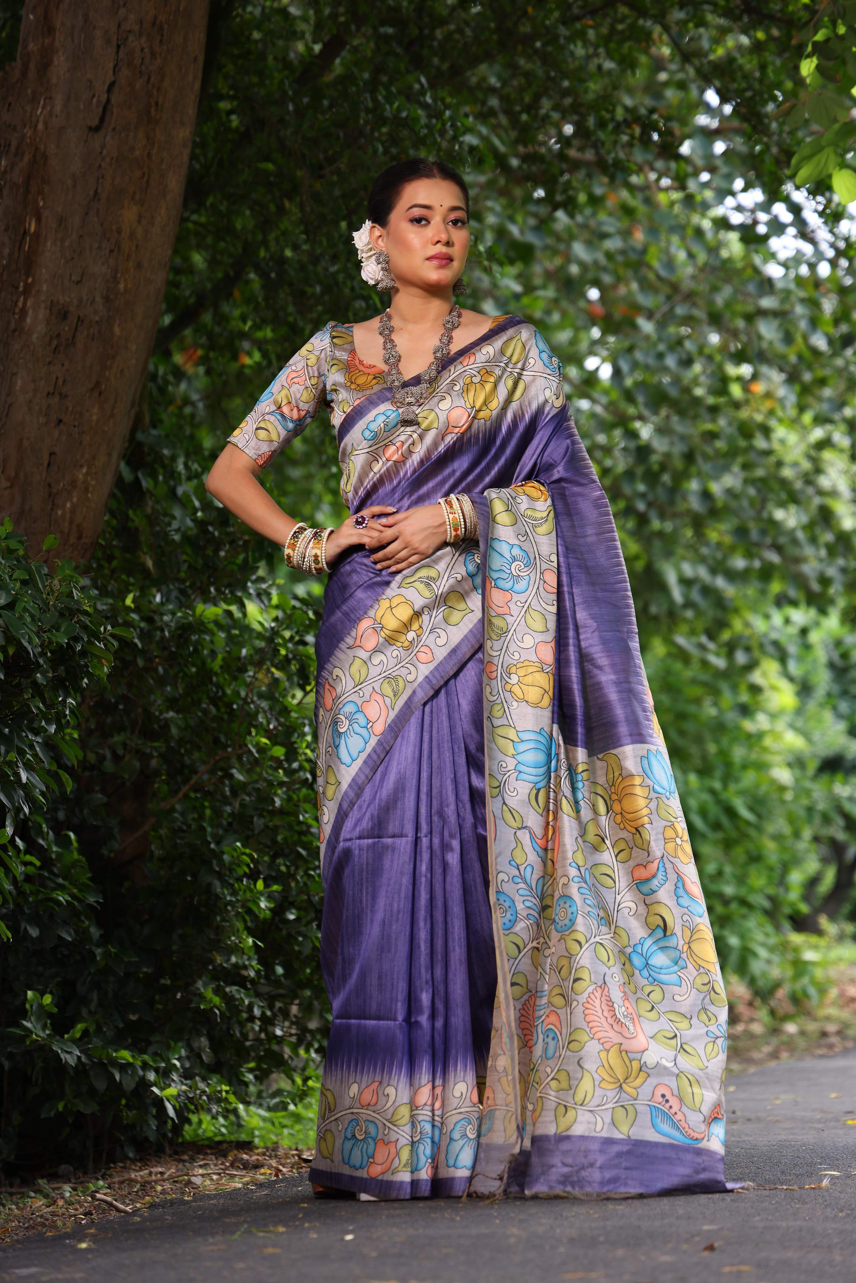 Jyoti Fashion Women's Purple Soft Tussar Silk Kalamkari Printed Designer Saree with Blouse | Grocsy