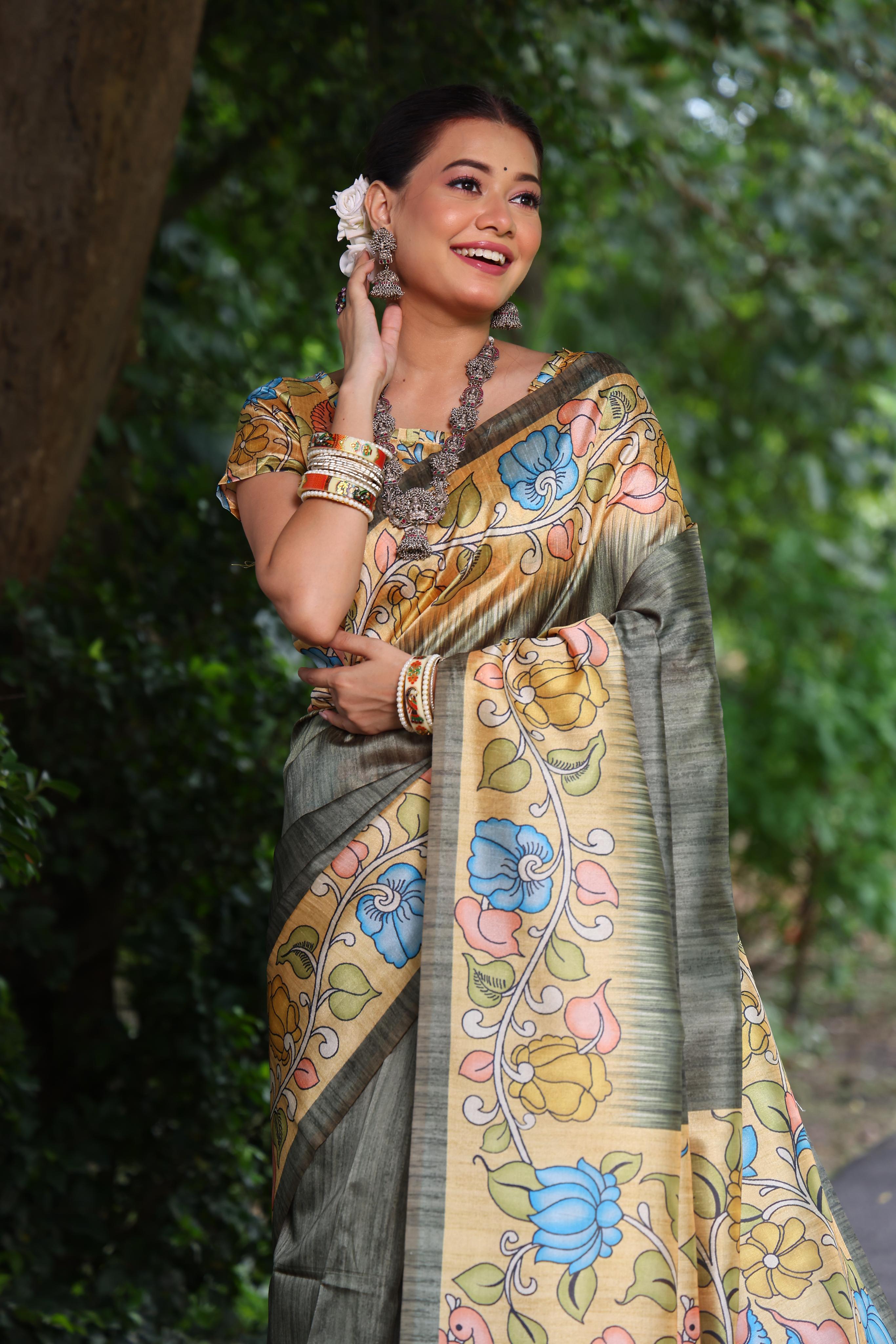 Jyoti Fashion Women's Grey Soft Tussar Silk Kalamkari Printed Designer Saree with Blouse | Grocsy