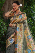 Jyoti Fashion Women's Grey Soft Tussar Silk Kalamkari Printed Designer Saree with Blouse | Grocsy