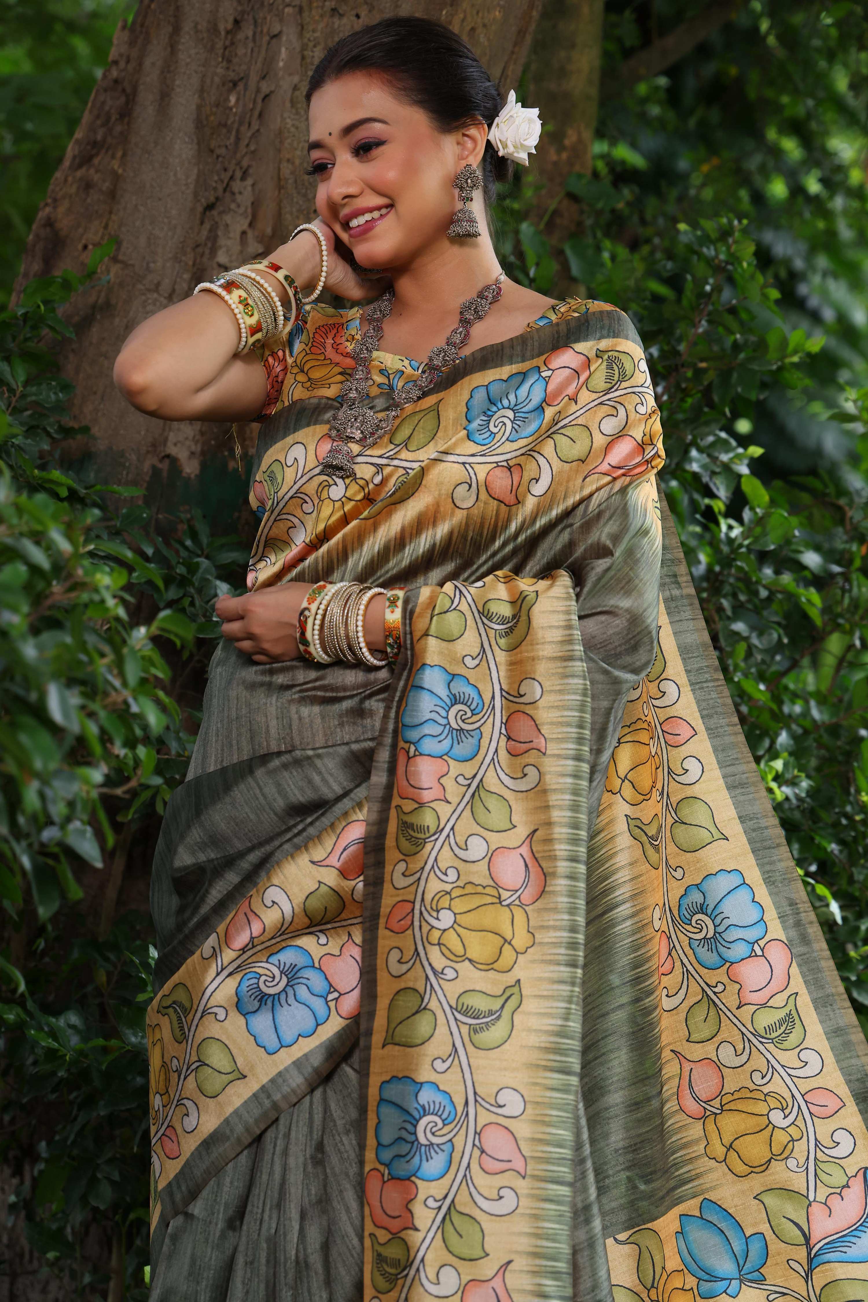 Jyoti Fashion Women's Grey Soft Tussar Silk Kalamkari Printed Designer Saree with Blouse | Grocsy