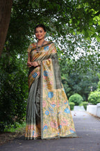 Jyoti Fashion Women's Grey Soft Tussar Silk Kalamkari Printed Designer Saree with Blouse | Grocsy