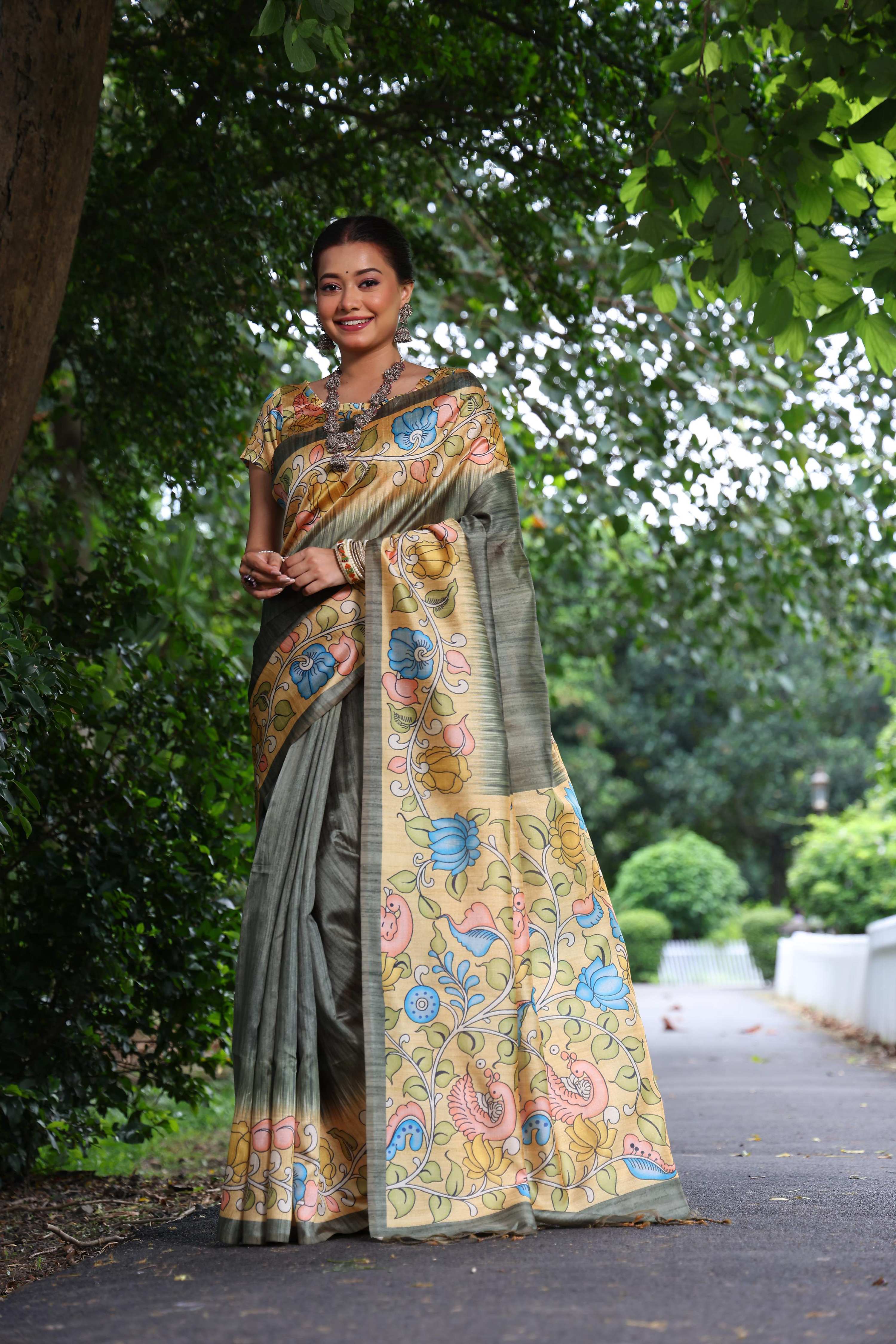 Jyoti Fashion Women's Grey Soft Tussar Silk Kalamkari Printed Designer Saree with Blouse | Grocsy