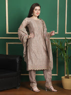 Jyoti Fashion Women's Beige Chinon Chiffon Floral Embroidery with Cording & Crystal Work Designer Straight Suit Set | Grocsy