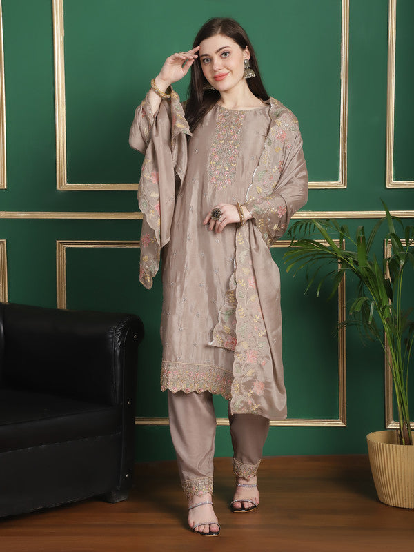 Jyoti Fashion Women's Beige Chinon Chiffon Floral Embroidery with Cording & Crystal Work Designer Straight Suit Set | Grocsy