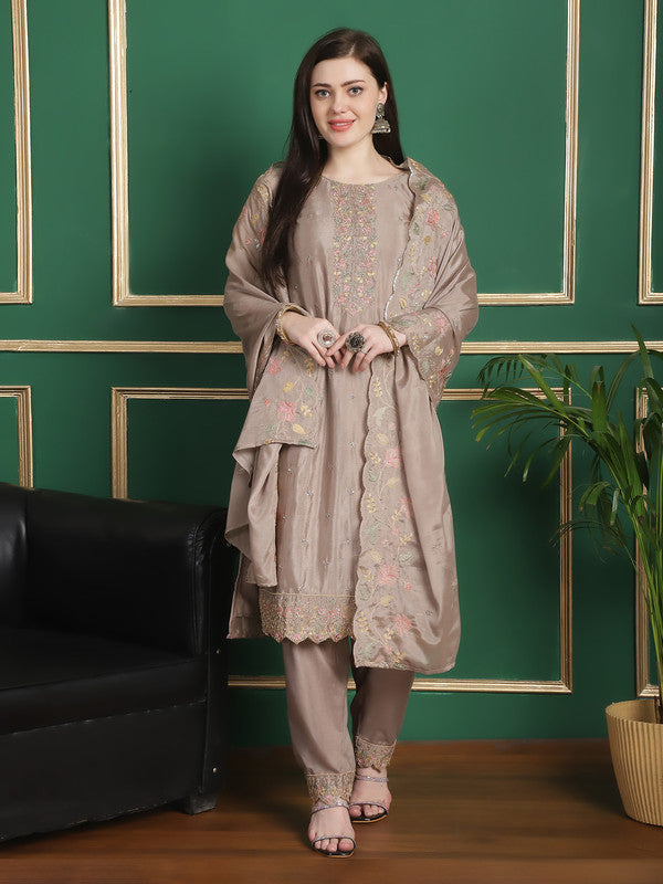 Jyoti Fashion Women's Beige Chinon Chiffon Floral Embroidery with Cording & Crystal Work Designer Straight Suit Set | Grocsy