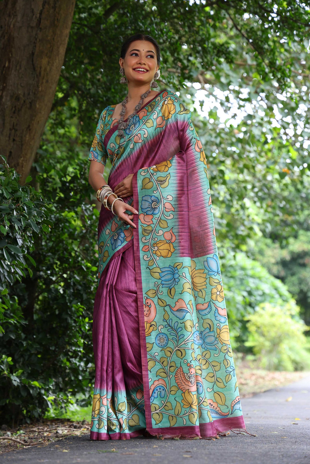 Jyoti Fashion Women's Wine Soft Tussar Silk Kalamkari Printed Designer Saree with Blouse | Grocsy