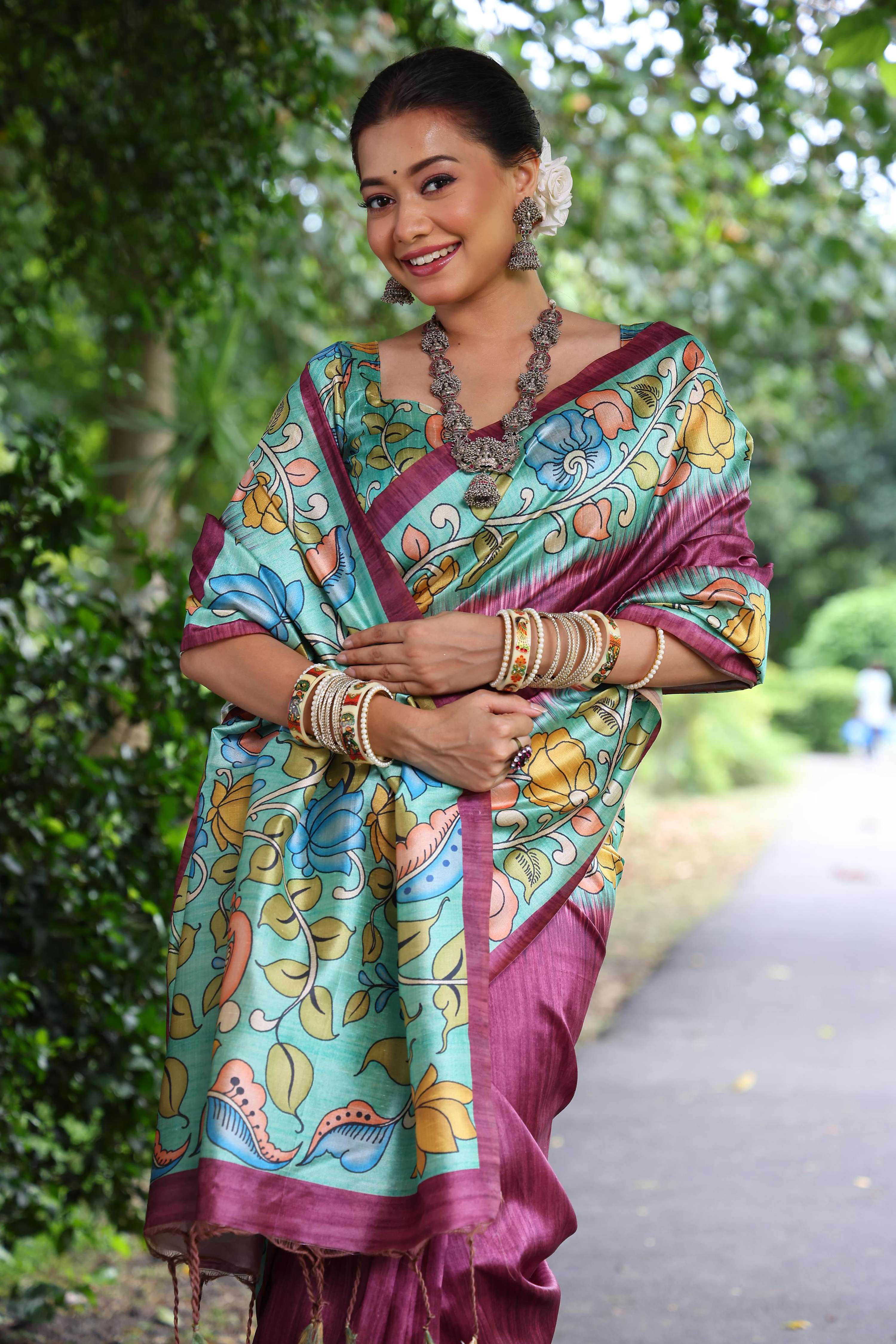 Jyoti Fashion Women's Wine Soft Tussar Silk Kalamkari Printed Designer Saree with Blouse | Grocsy