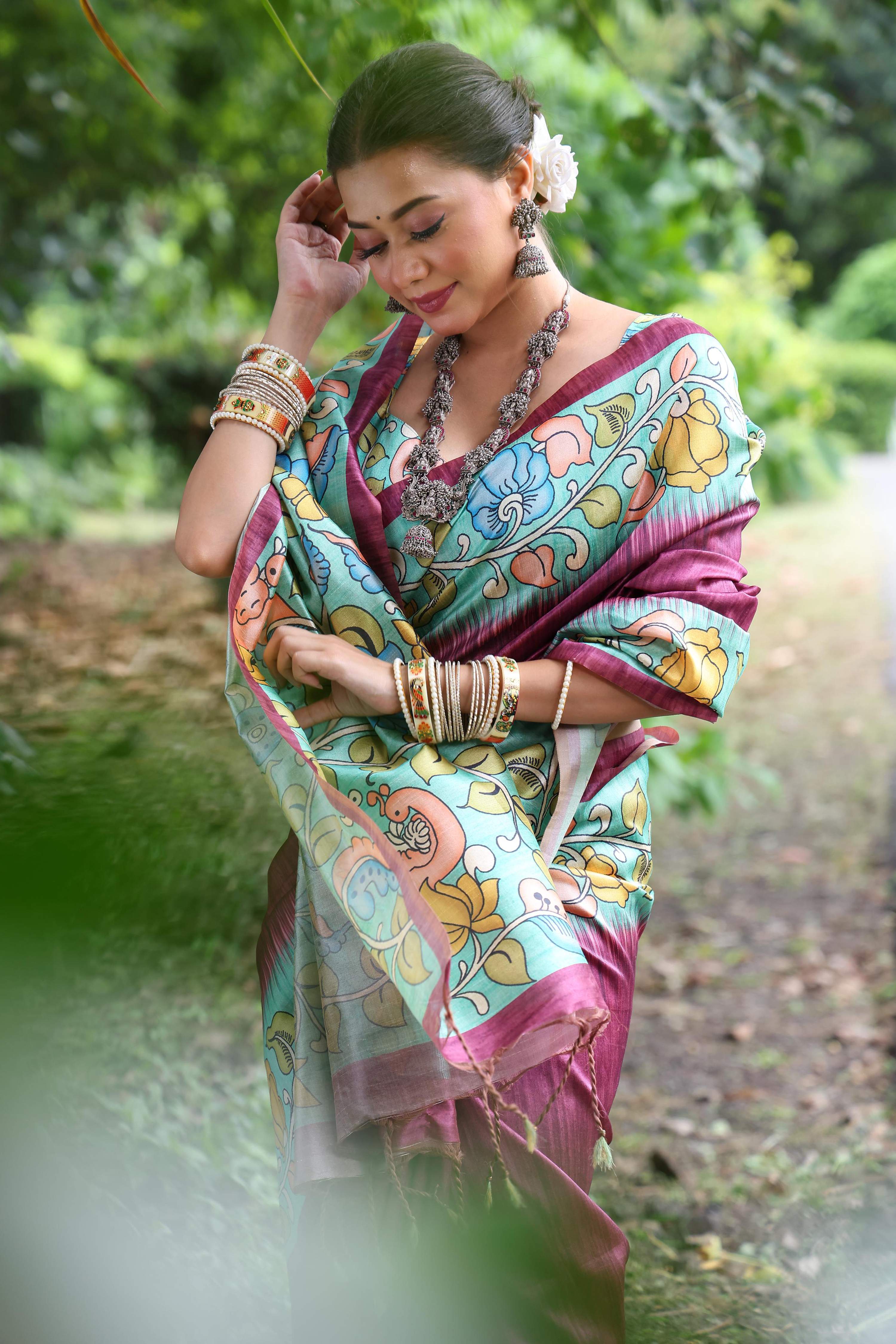 Jyoti Fashion Women's Wine Soft Tussar Silk Kalamkari Printed Designer Saree with Blouse | Grocsy