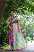 Jyoti Fashion Women's Wine Soft Tussar Silk Kalamkari Printed Designer Saree with Blouse | Grocsy