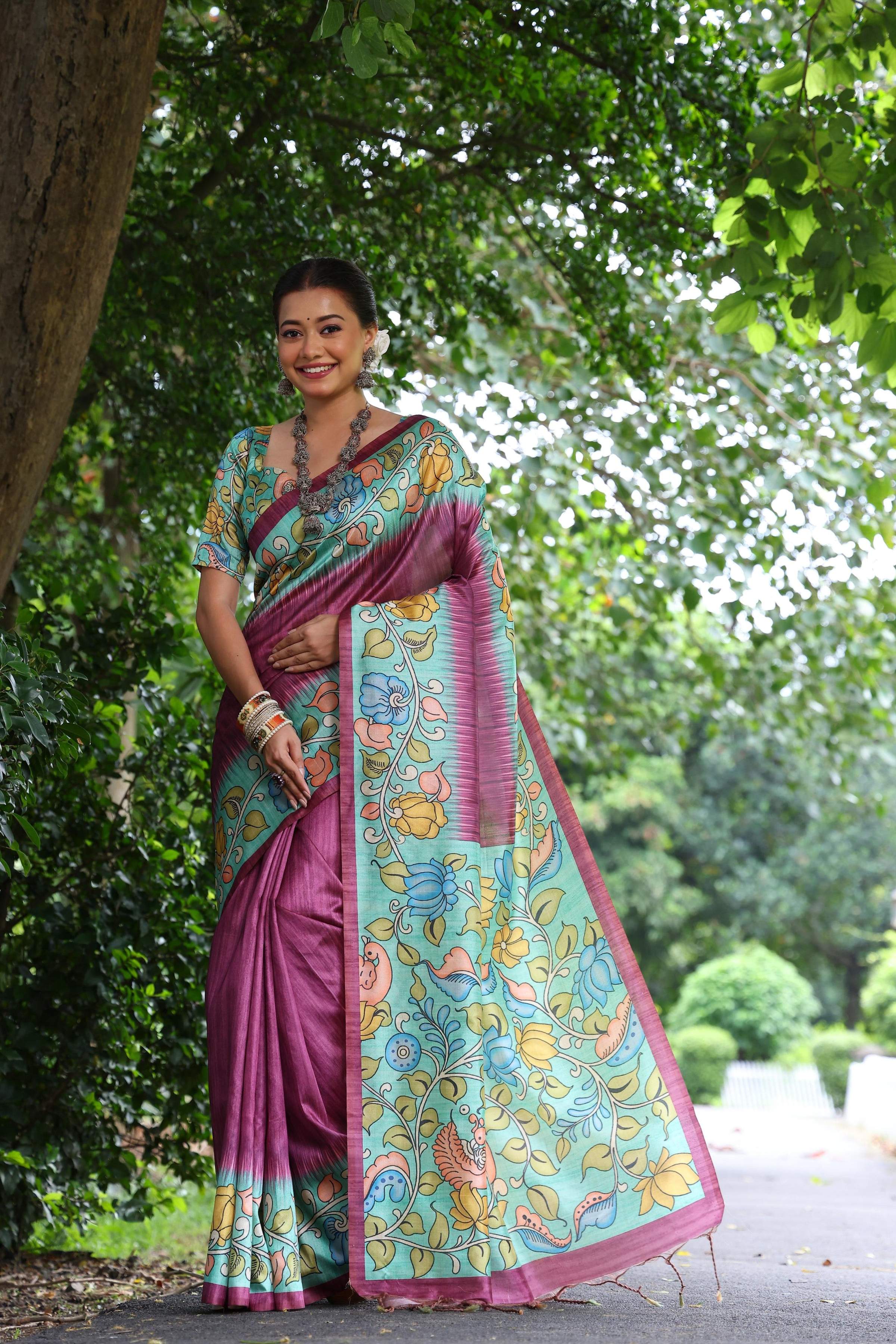 Jyoti Fashion Women's Wine Soft Tussar Silk Kalamkari Printed Designer Saree with Blouse | Grocsy