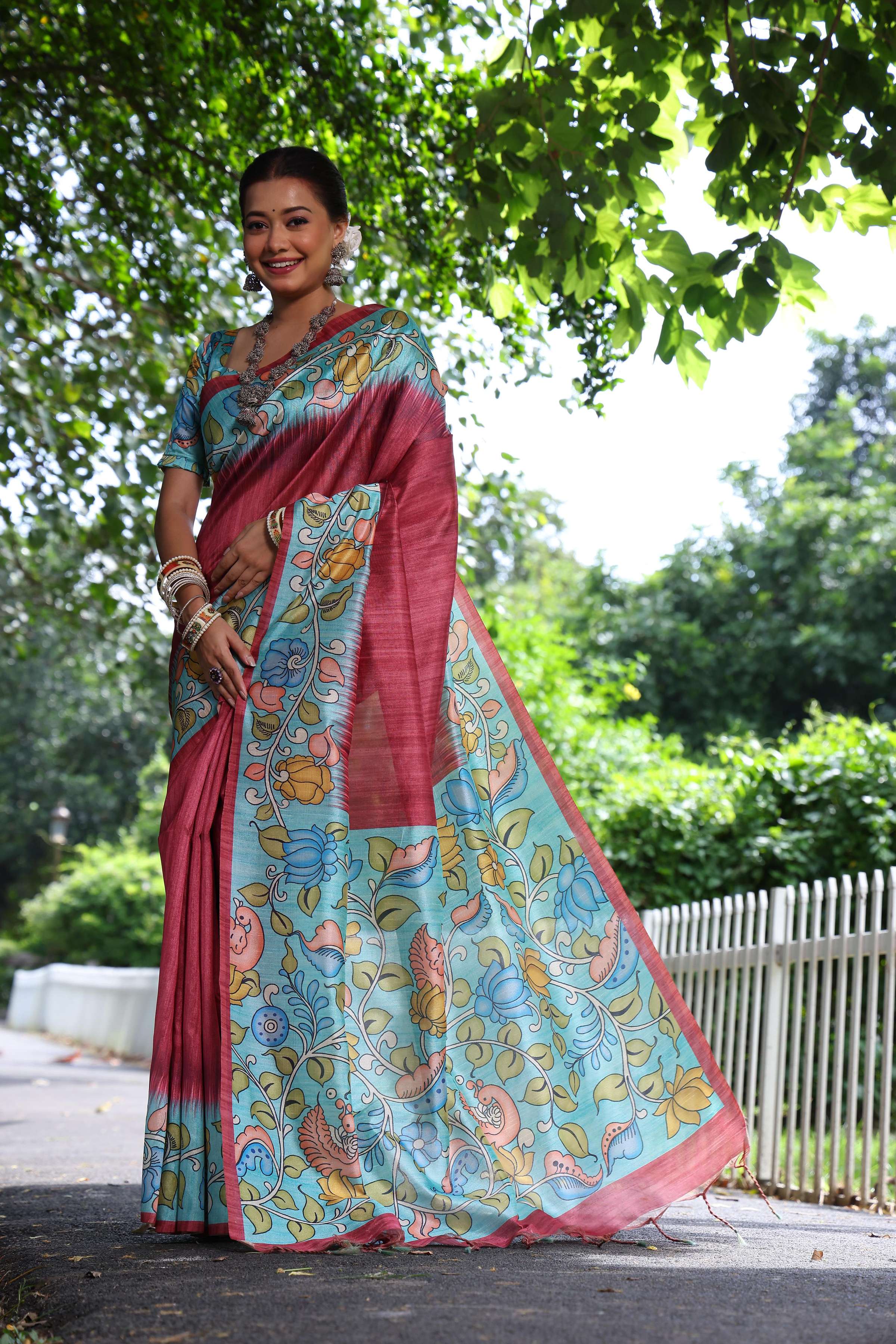 Jyoti Fashion Women's Maroon Soft Tussar Silk Kalamkari Printed Designer Saree with Blouse | Grocsy