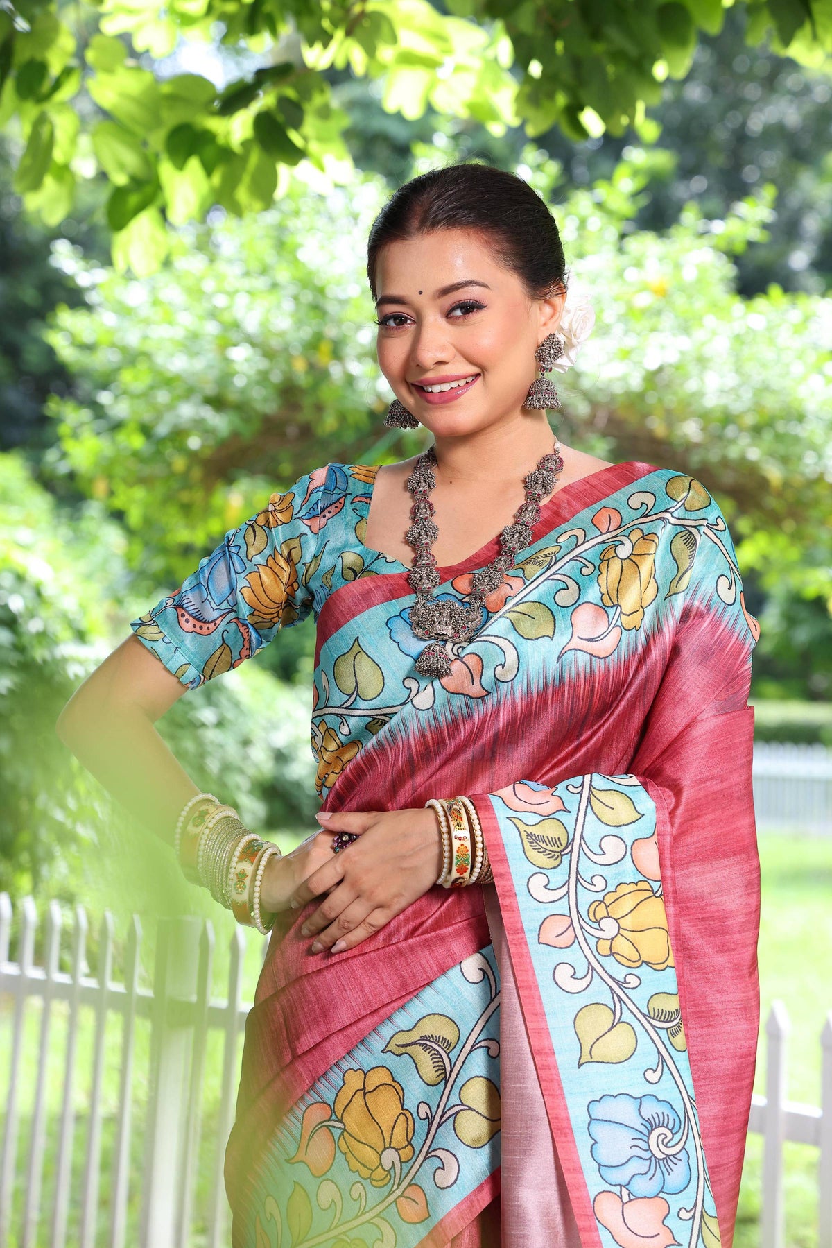 Jyoti Fashion Women's Maroon Soft Tussar Silk Kalamkari Printed Designer Saree with Blouse | Grocsy