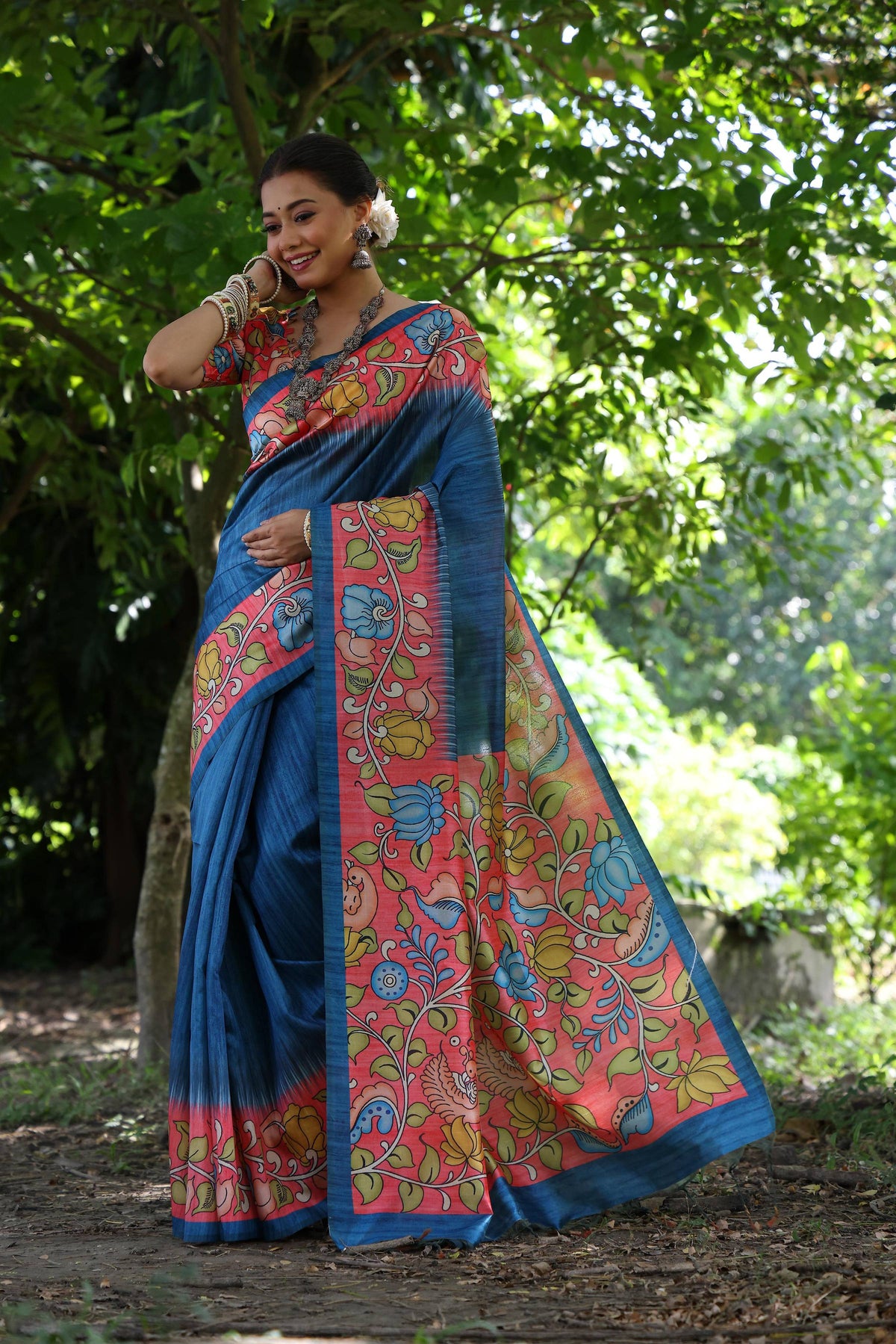 Jyoti Fashion Women's Blue Soft Tussar Silk Kalamkari Printed Designer Saree with Blouse | Grocsy