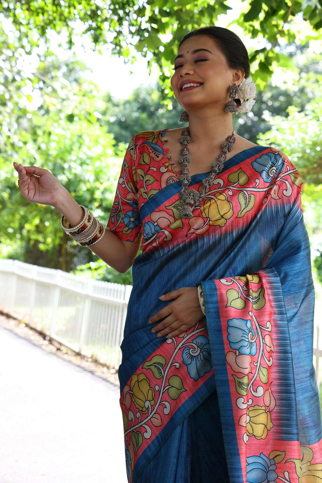 Jyoti Fashion Women's Blue Soft Tussar Silk Kalamkari Printed Designer Saree with Blouse | Grocsy