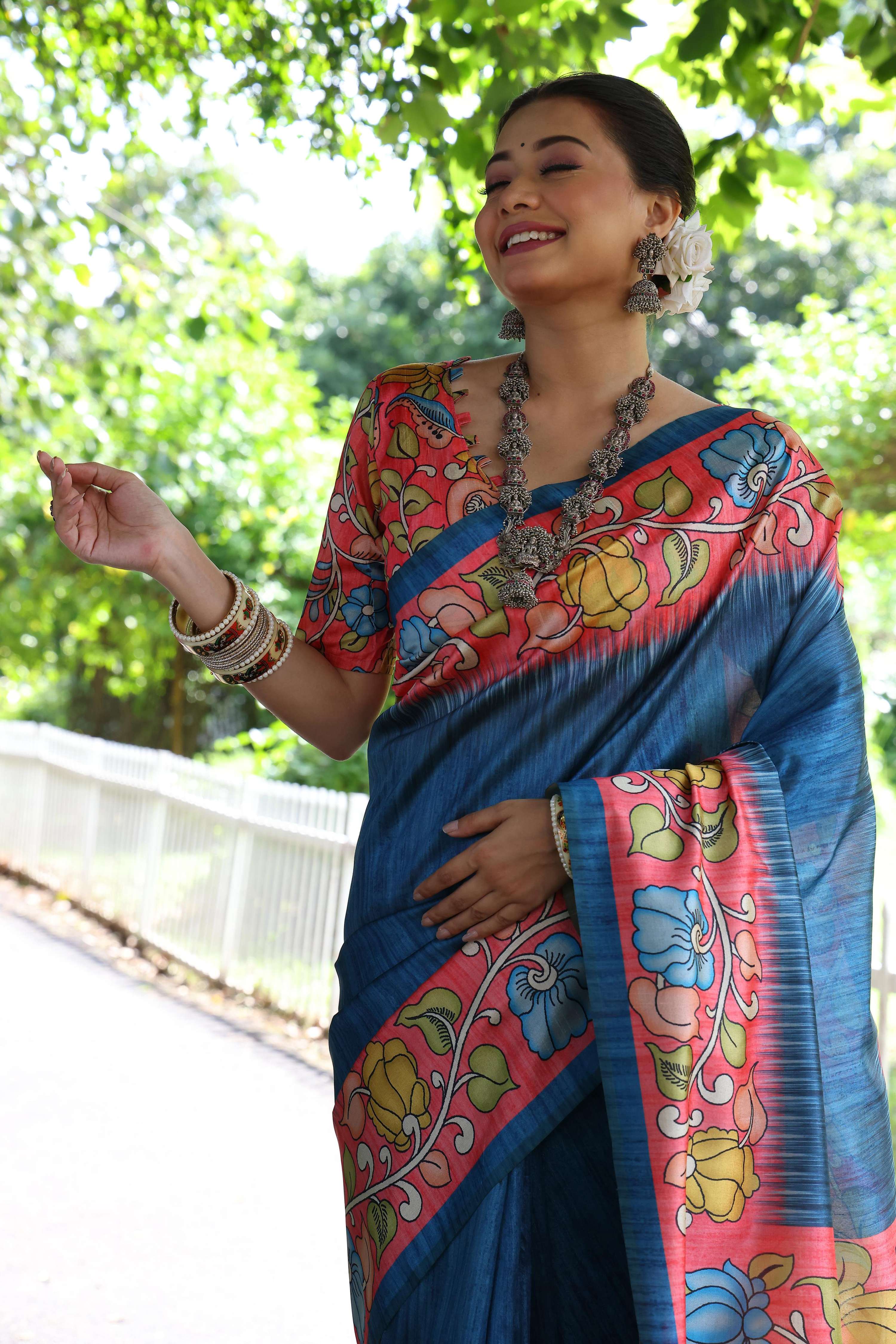 Jyoti Fashion Women's Blue Soft Tussar Silk Kalamkari Printed Designer Saree with Blouse | Grocsy