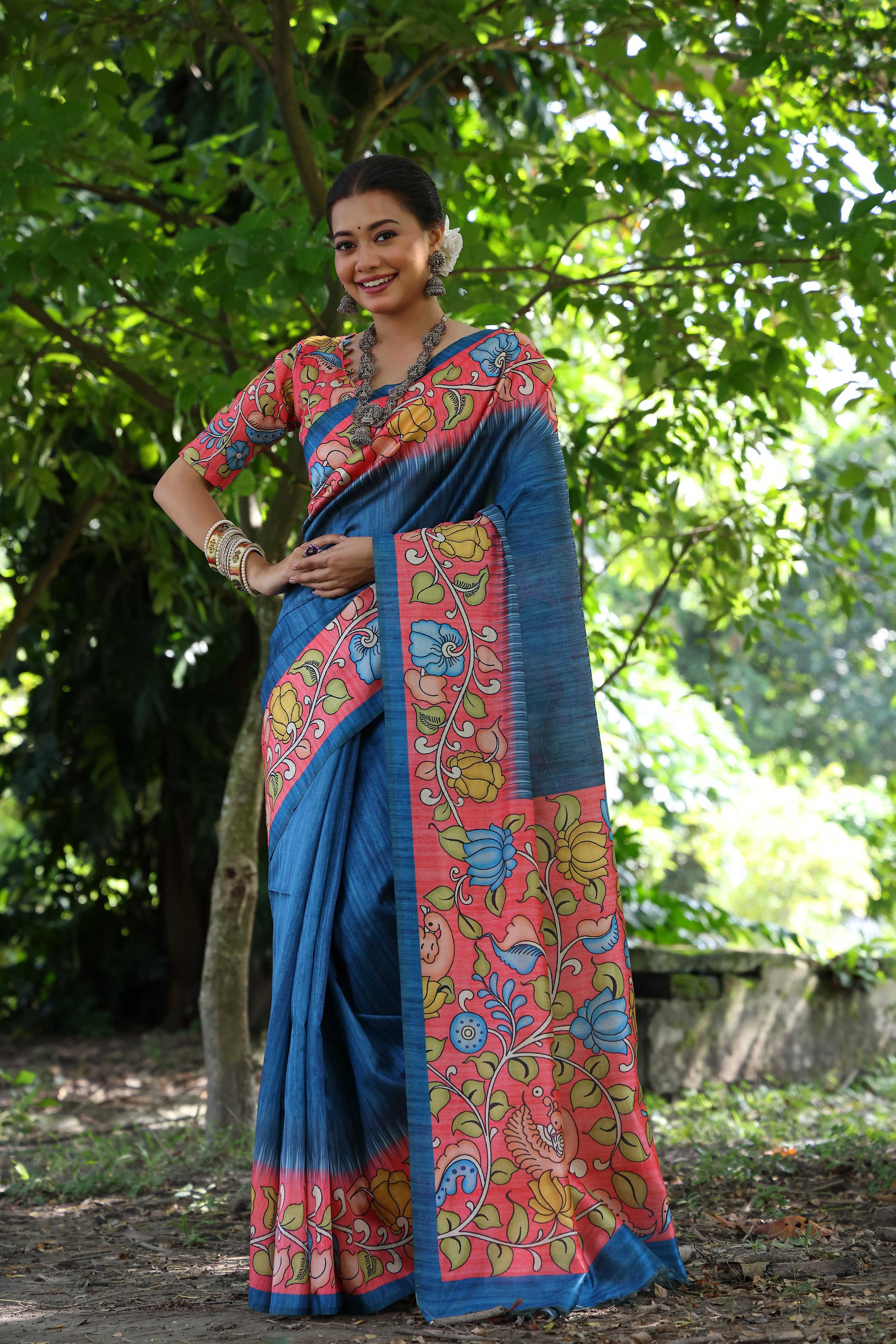 Jyoti Fashion Women's Blue Soft Tussar Silk Kalamkari Printed Designer Saree with Blouse | Grocsy