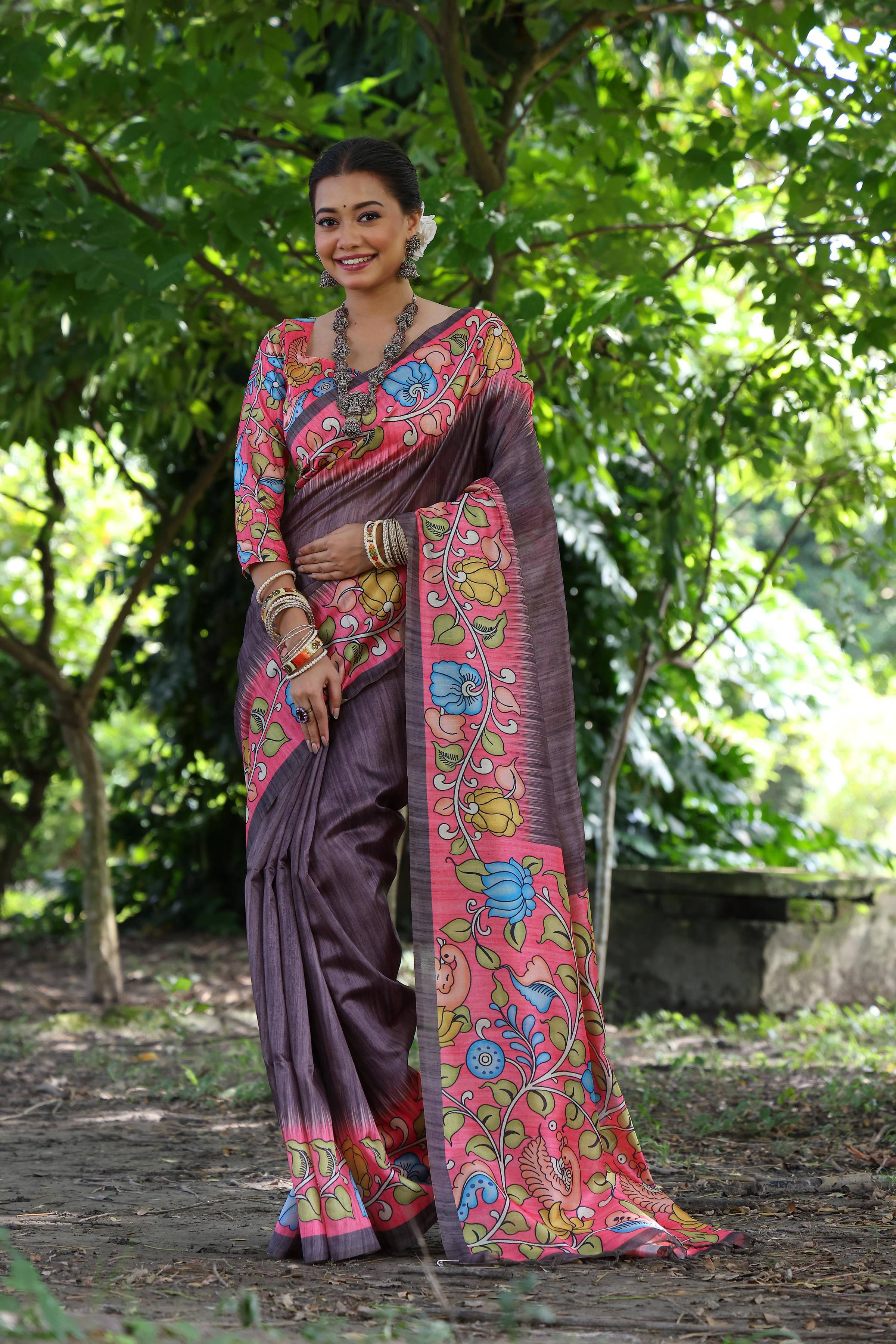 Jyoti Fashion Women's Black Soft Tussar Silk Kalamkari Printed Designer Saree with Blouse | Grocsy