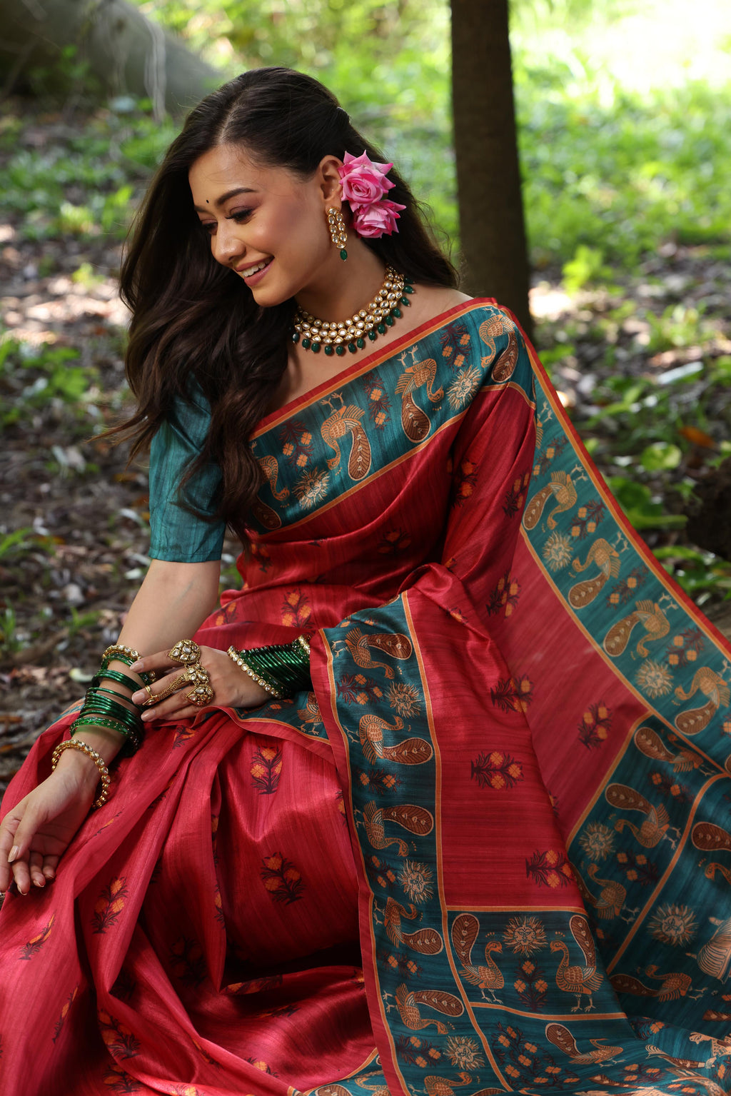 Jyoti Fashion Women's Black Soft Tussar Silk Peacock Printed Designer Saree with Blouse | Grocsy