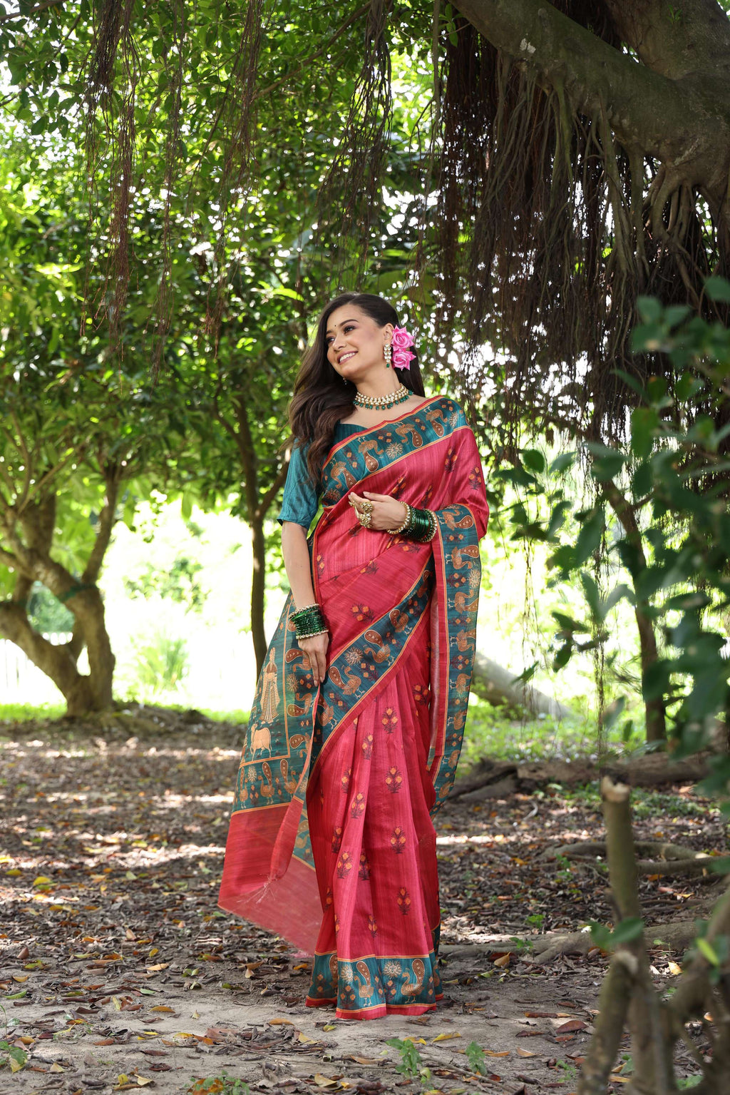 Jyoti Fashion Women's Black Soft Tussar Silk Peacock Printed Designer Saree with Blouse | Grocsy
