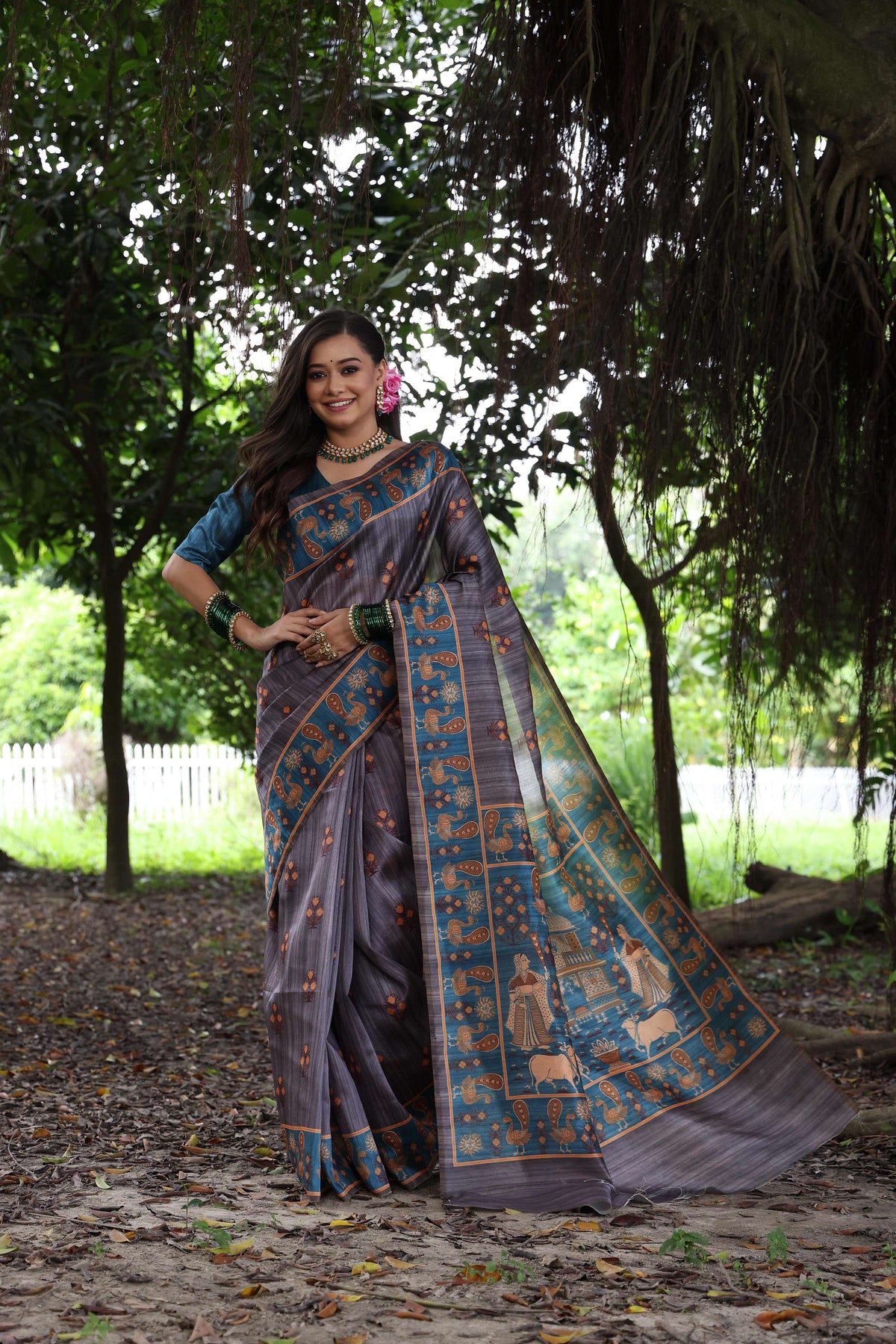 Jyoti Fashion Women's Gajri Red Soft Tussar Silk Peacock Printed Designer Saree with Blouse | Grocsy
