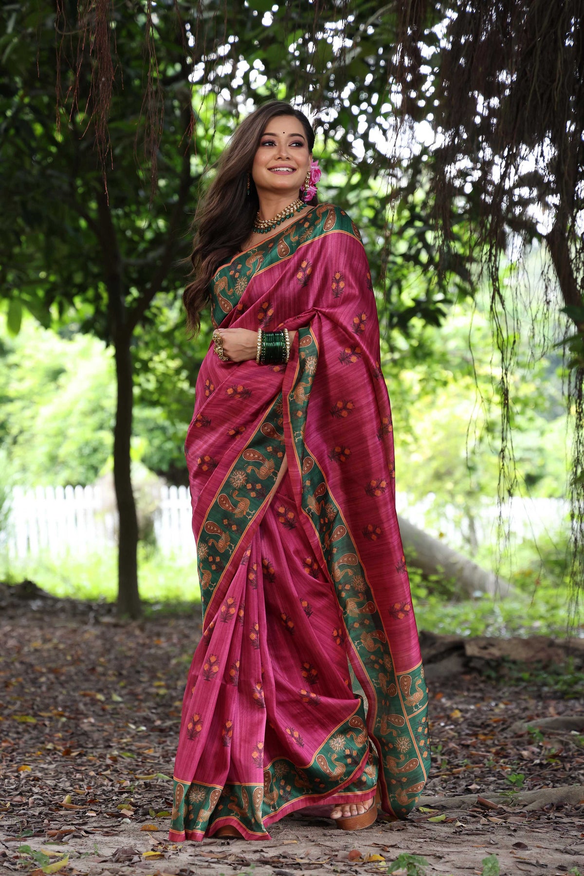 Jyoti Fashion Women's Grey Soft Tussar Silk Peacock Printed Designer Saree with Blouse | Grocsy
