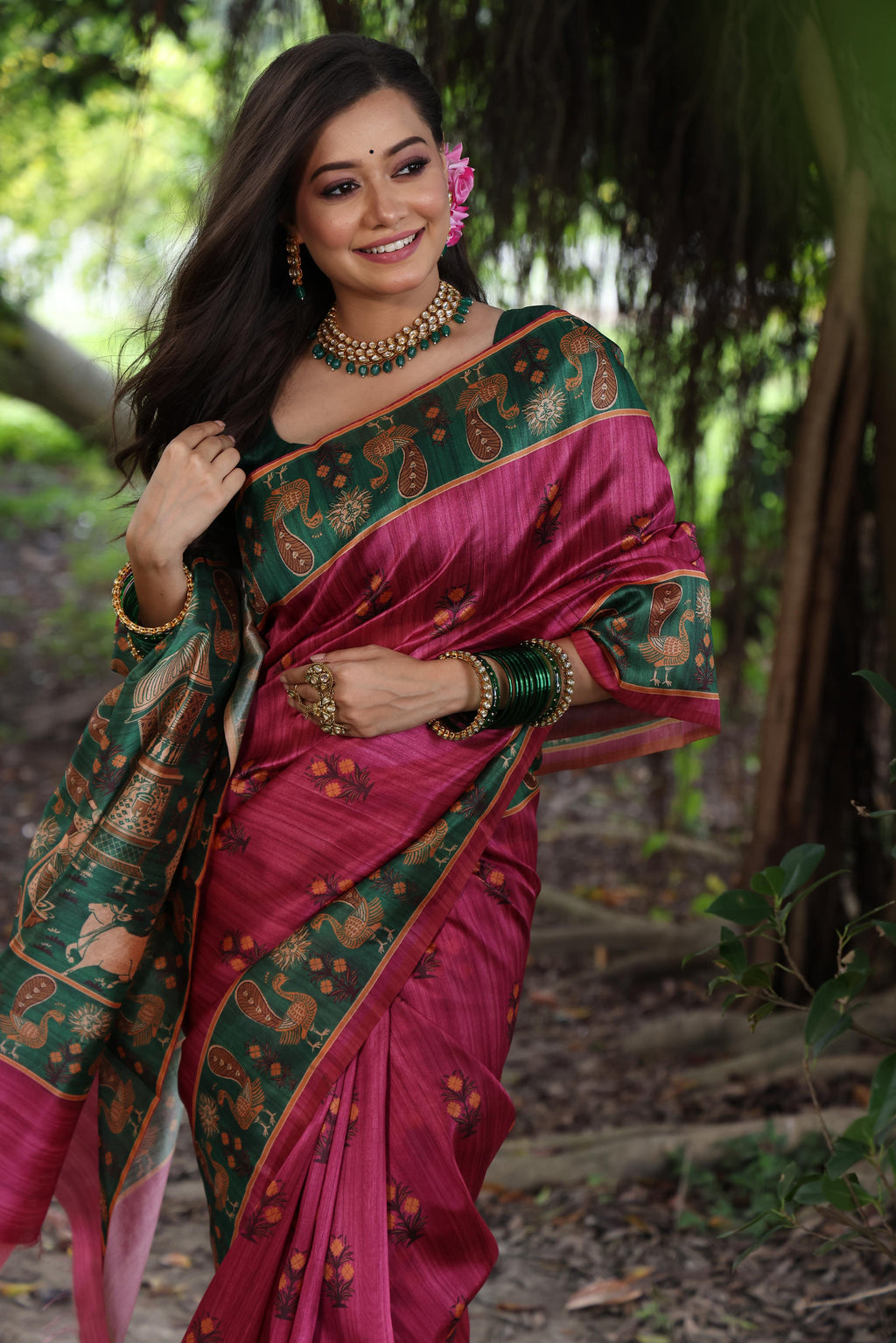 Jyoti Fashion Women's Grey Soft Tussar Silk Peacock Printed Designer Saree with Blouse | Grocsy