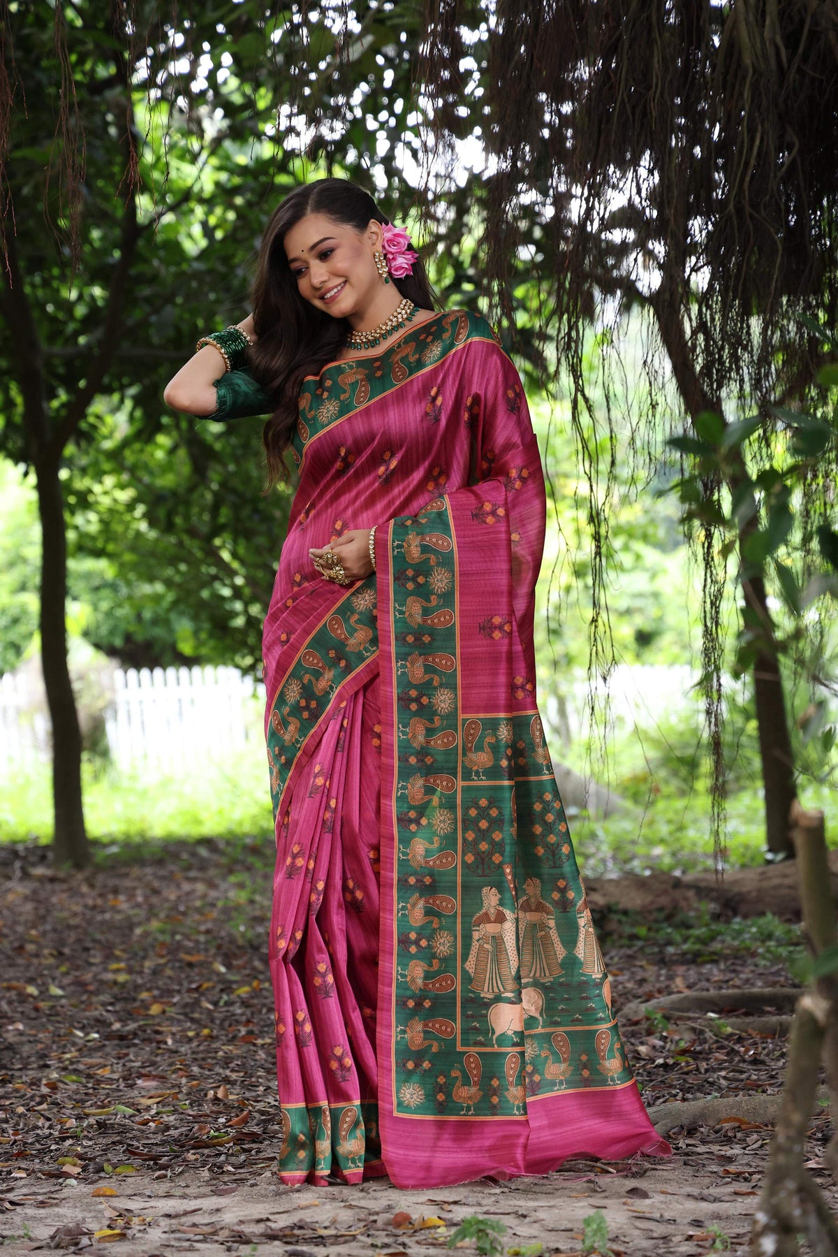 Jyoti Fashion Women's Grey Soft Tussar Silk Peacock Printed Designer Saree with Blouse | Grocsy